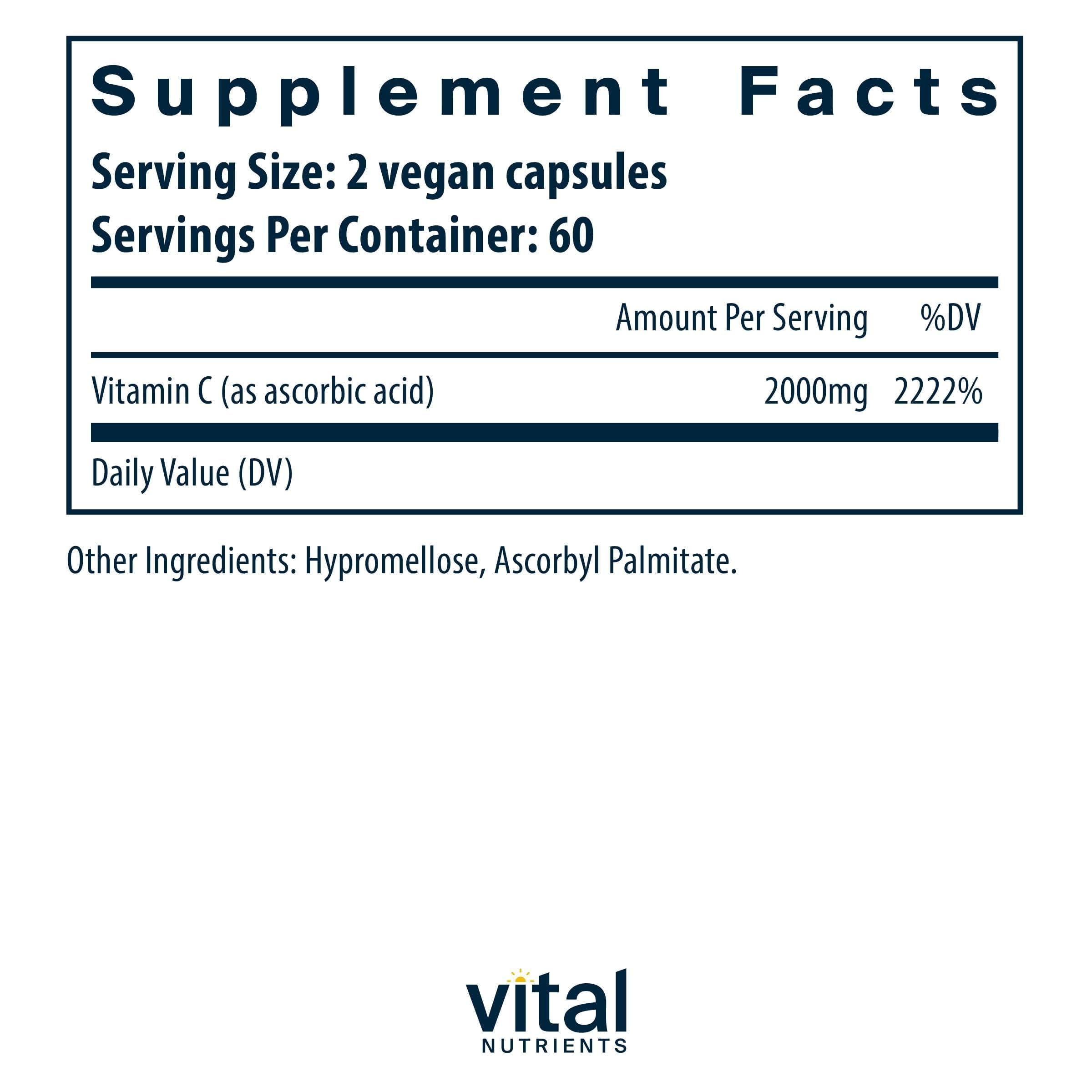 Vitamina C 1000mg de Vital Nutrients, etiqueta clara, información de beneficios en la etiqueta.