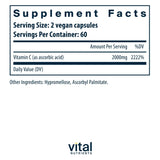 Vitamina C 1000mg de Vital Nutrients, etiqueta clara, información de beneficios en la etiqueta.