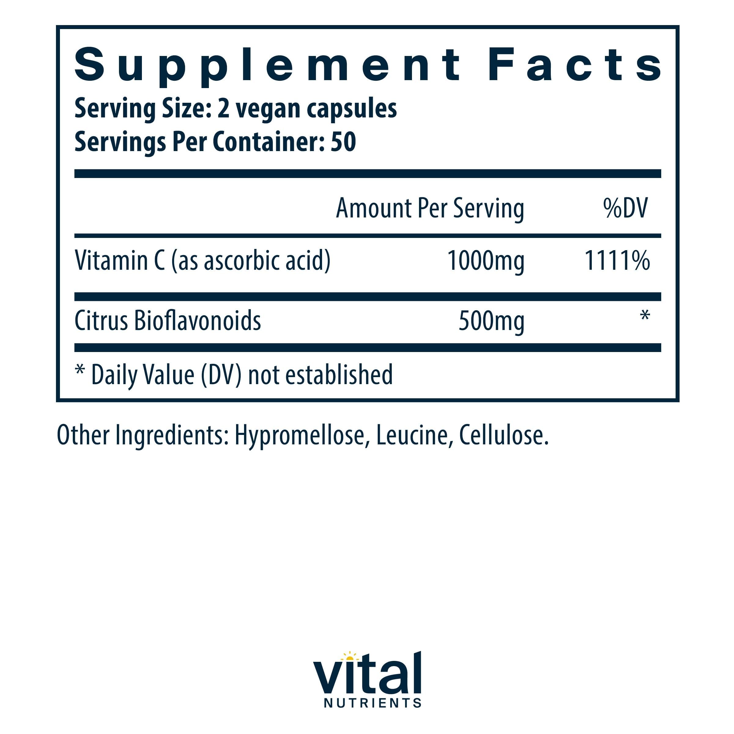 Etiqueta clara de Vital Nutrients Vitamina C con Bioflavonoides en botella