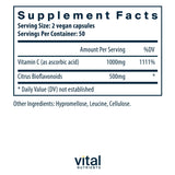 Etiqueta clara de Vital Nutrients Vitamina C con Bioflavonoides en botella