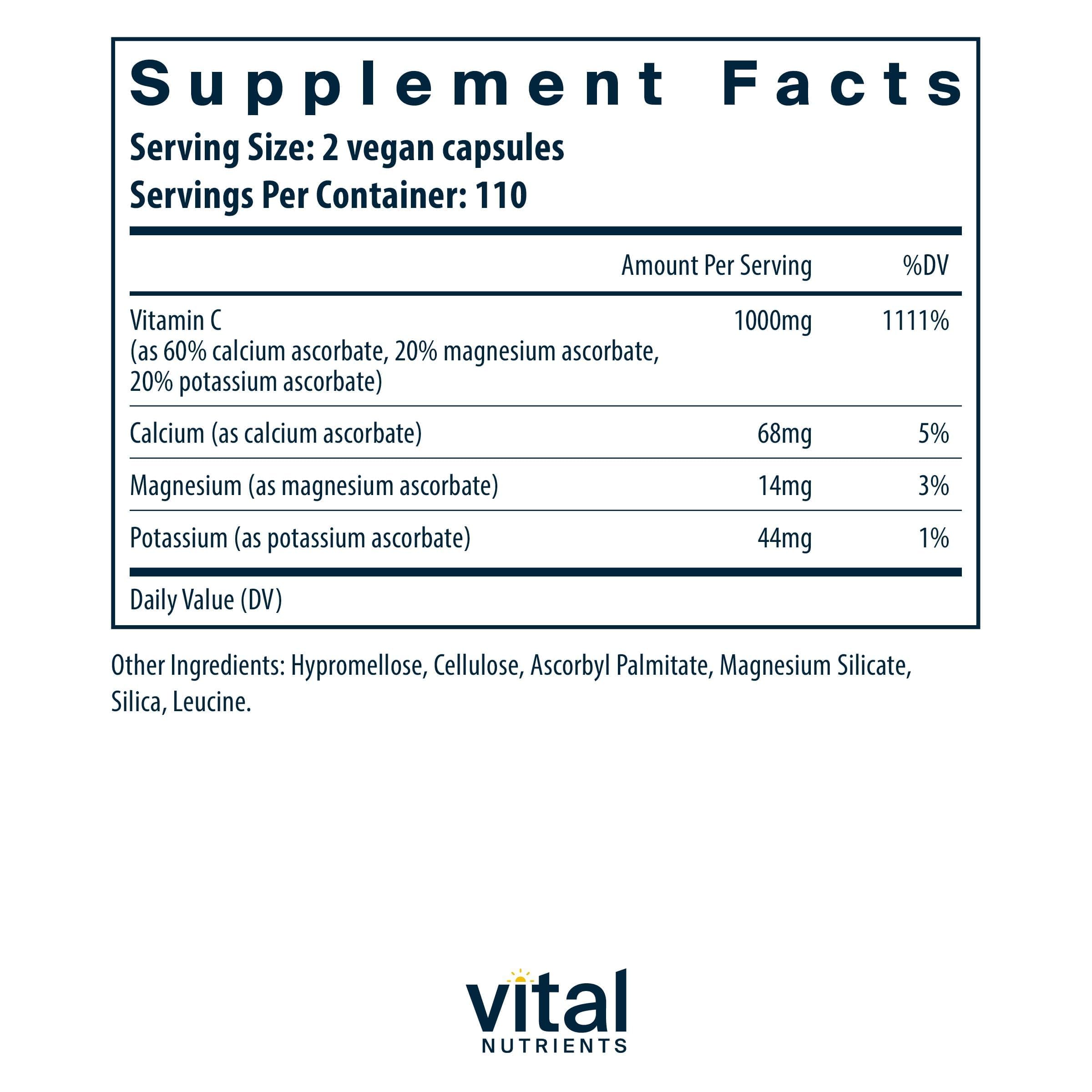 Vital Nutrients Vitamina C bufferada 500 mg en cápsulas fáciles de tragar