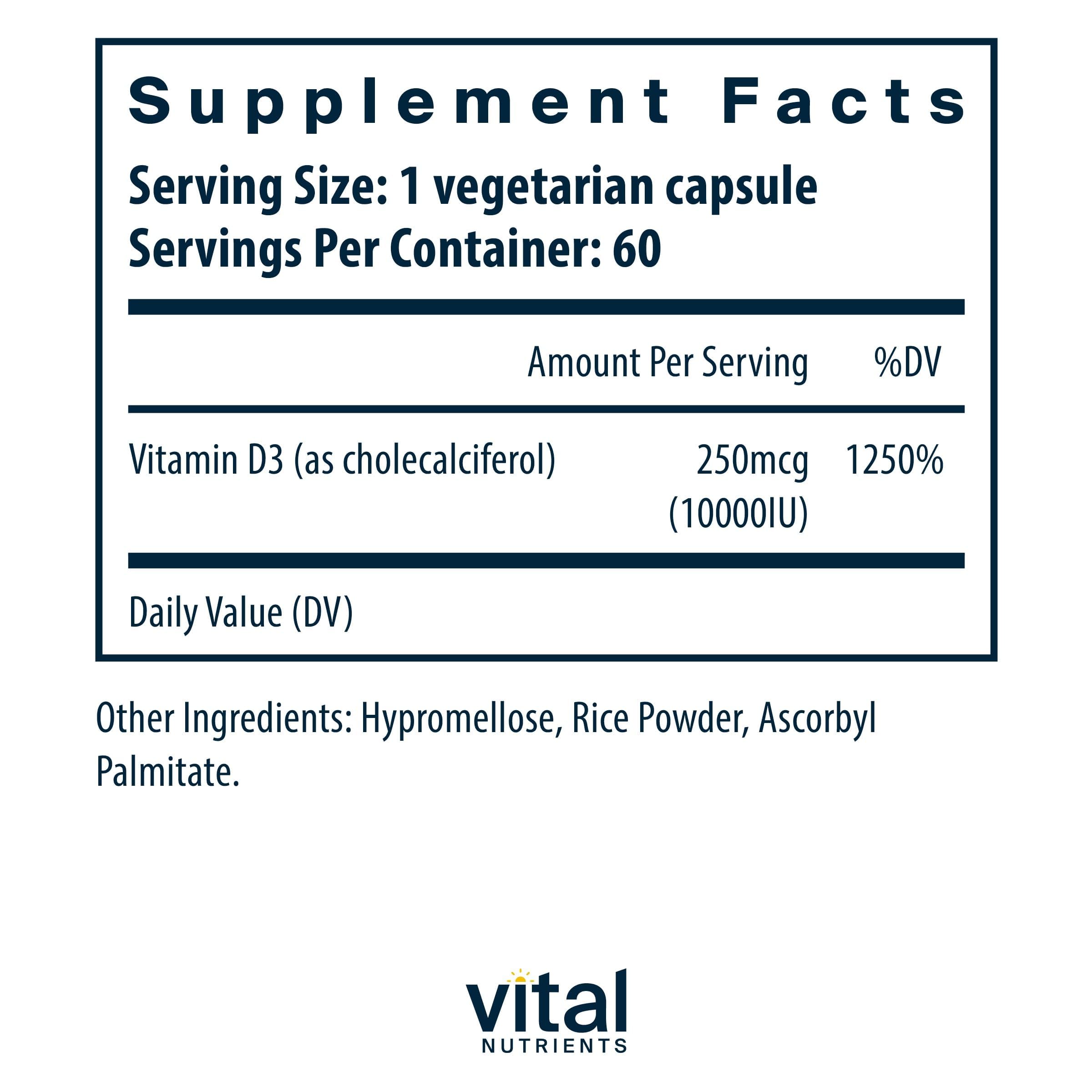 Vital Nutrients Vitamina D 10000 UI cápsulas: fácil de tragar y absorción eficiente.