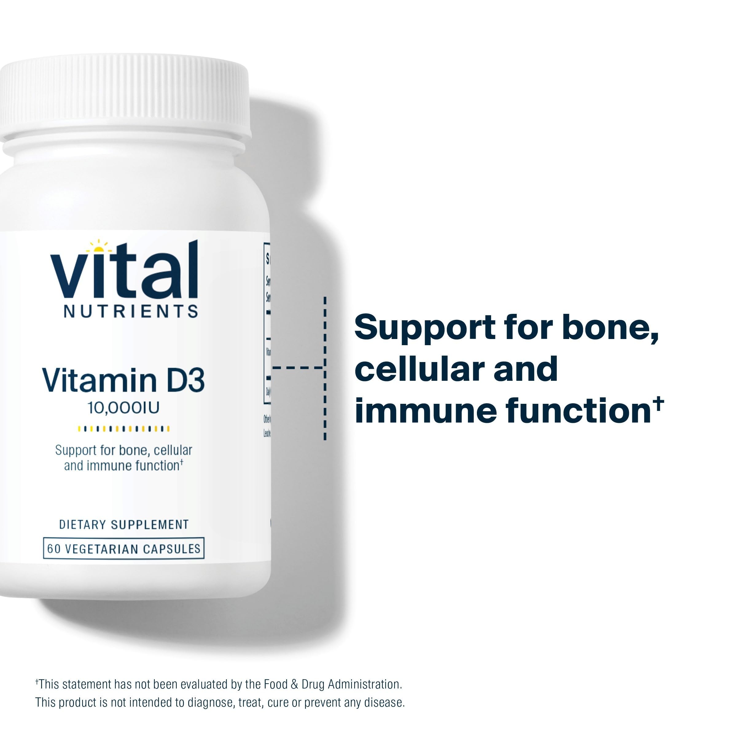 Vital Nutrients Vitamina D 10000 UI etiqueta: fórmula limpia y sin colorantes.