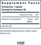 Vital Nutrients Vitamina D 5000 UI envase con cápsulas fáciles de tragar