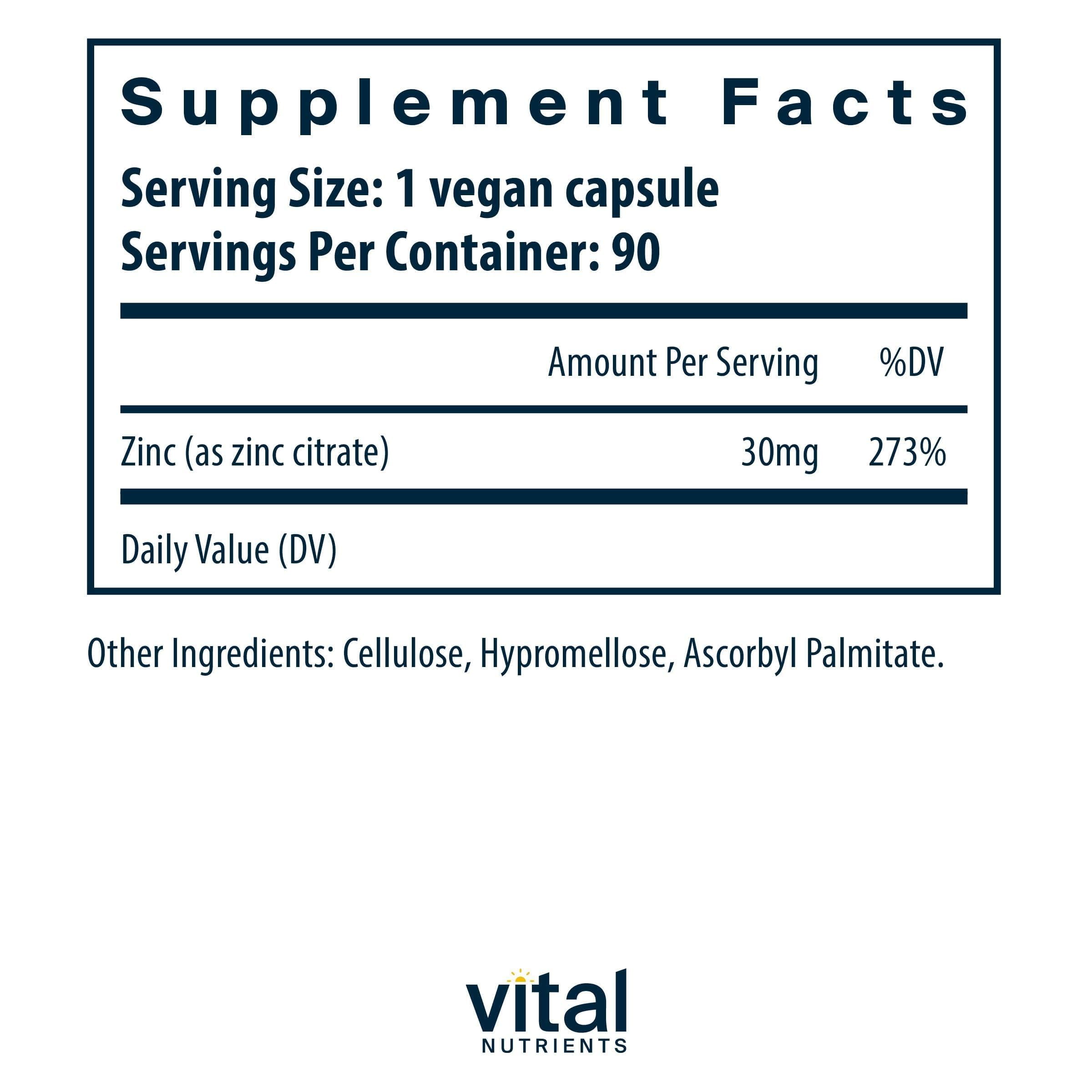 Vital Nutrients Zinc Citrato frasco delantero, envase práctico para uso diario.