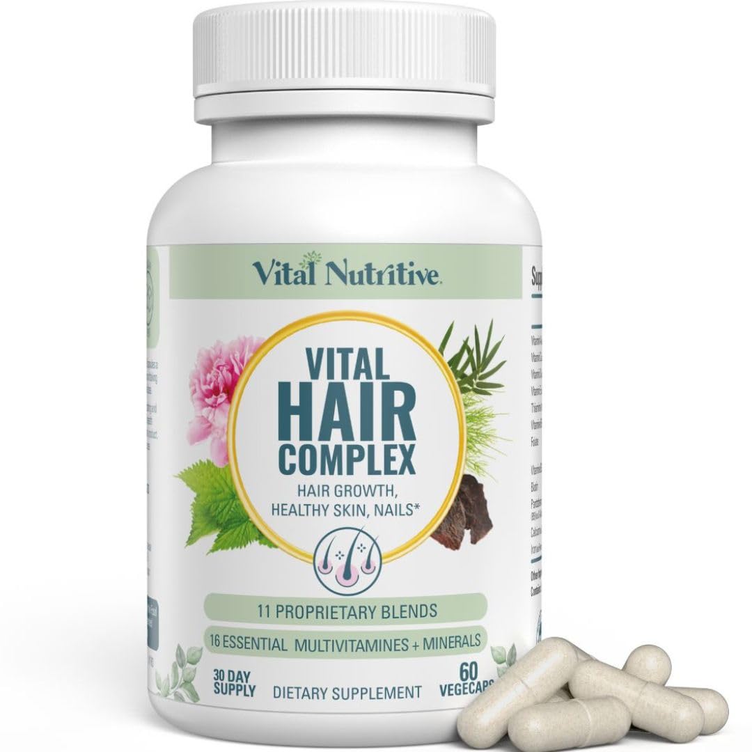 Vital Nutritive Vital Hair Complex, botella de cápsulas, apoyo para cabello saludable y uñas fuertes.