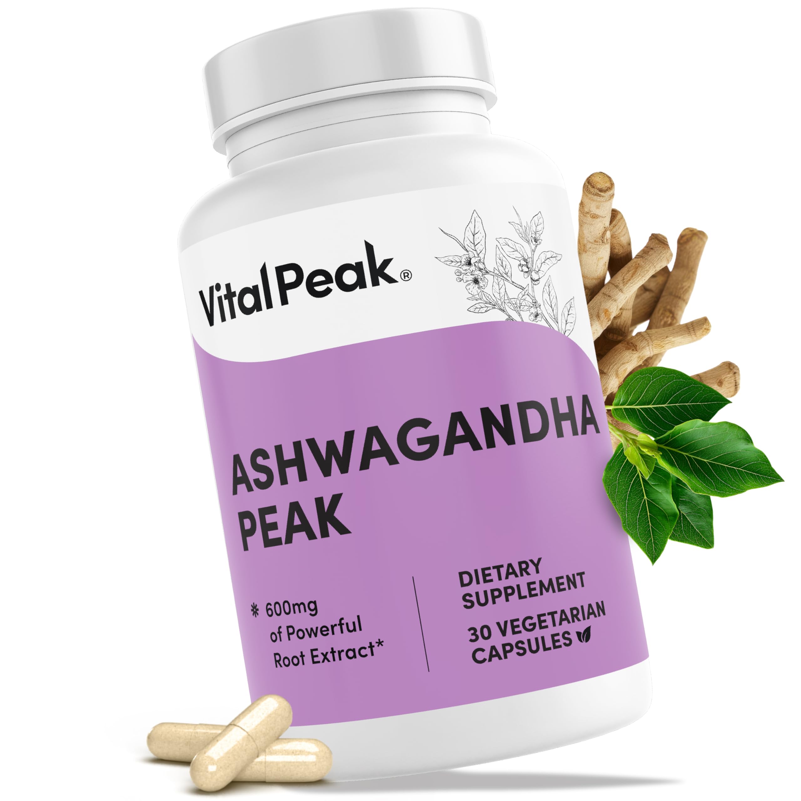 Vital Peak Ashwagandha 600 mg botella de cápsulas para manejo del estrés diario.