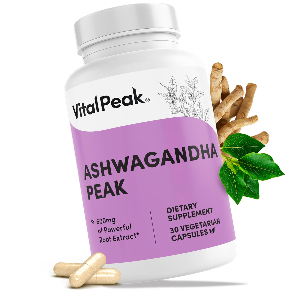 Vital Peak Ashwagandha 600 mg botella de cápsulas para manejo del estrés diario.