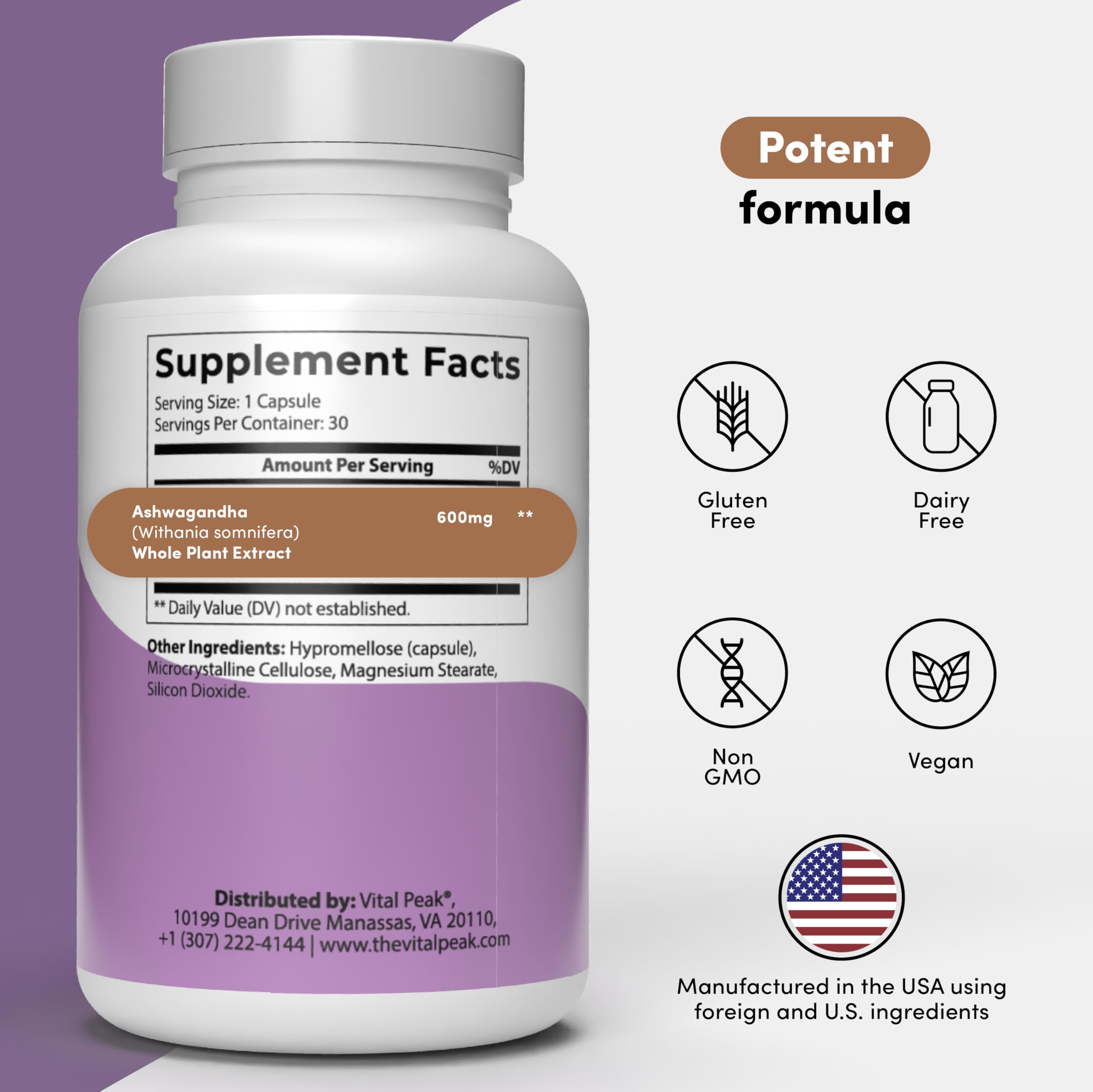 Vital Peak Ashwagandha 600 mg cápsulas fáciles de tragar para uso diario.
