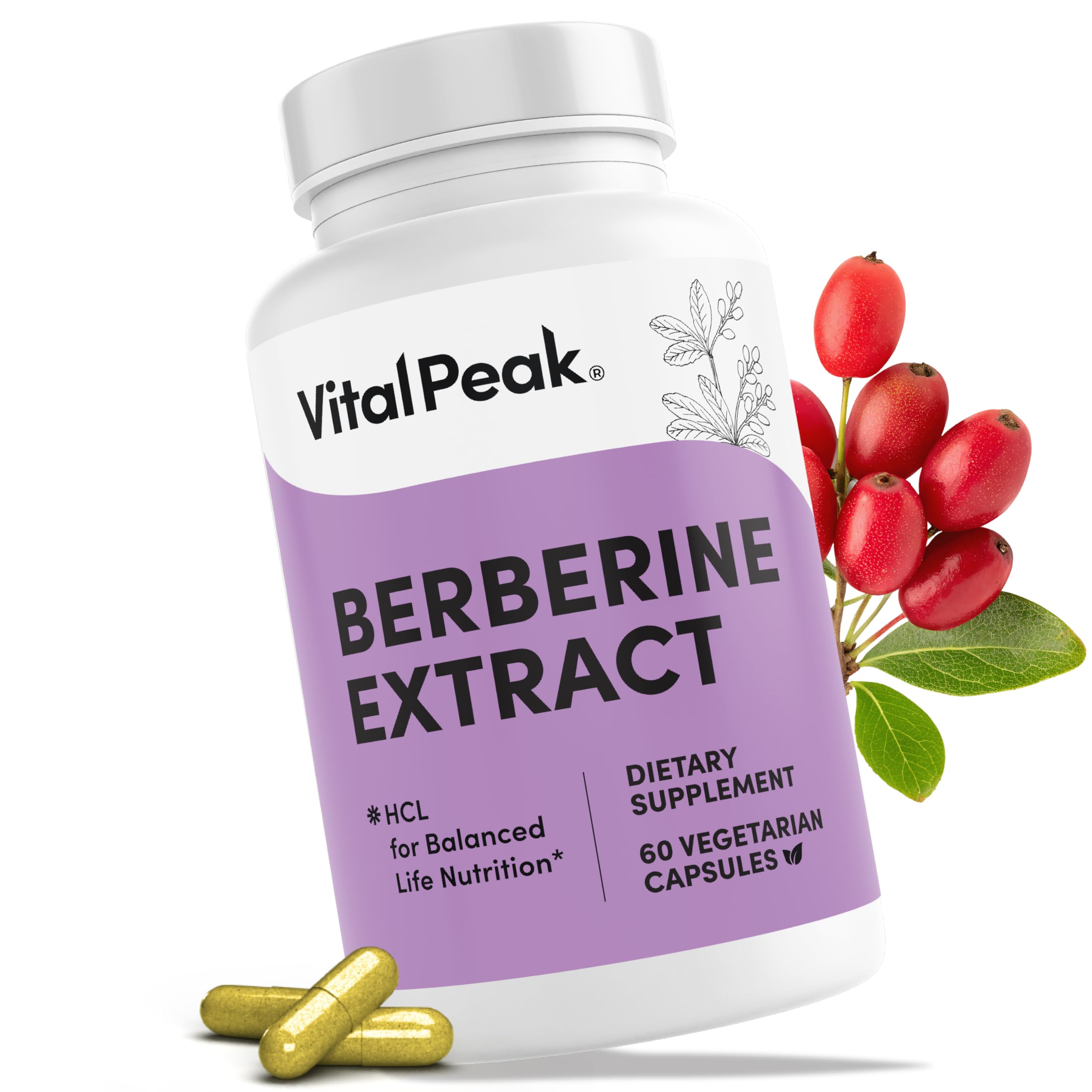 Vital Peak Berberina HCL 1000 mg, botella frontal, apoya el equilibrio metabólico diario.