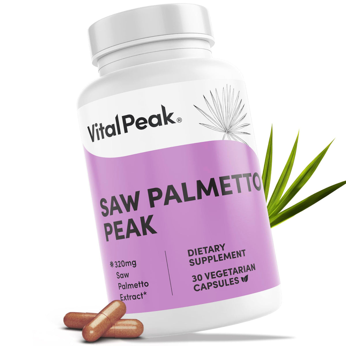 Vital Peak Saw Palmetto Peak 320 mg en botella, apoyo para bienestar diario.
