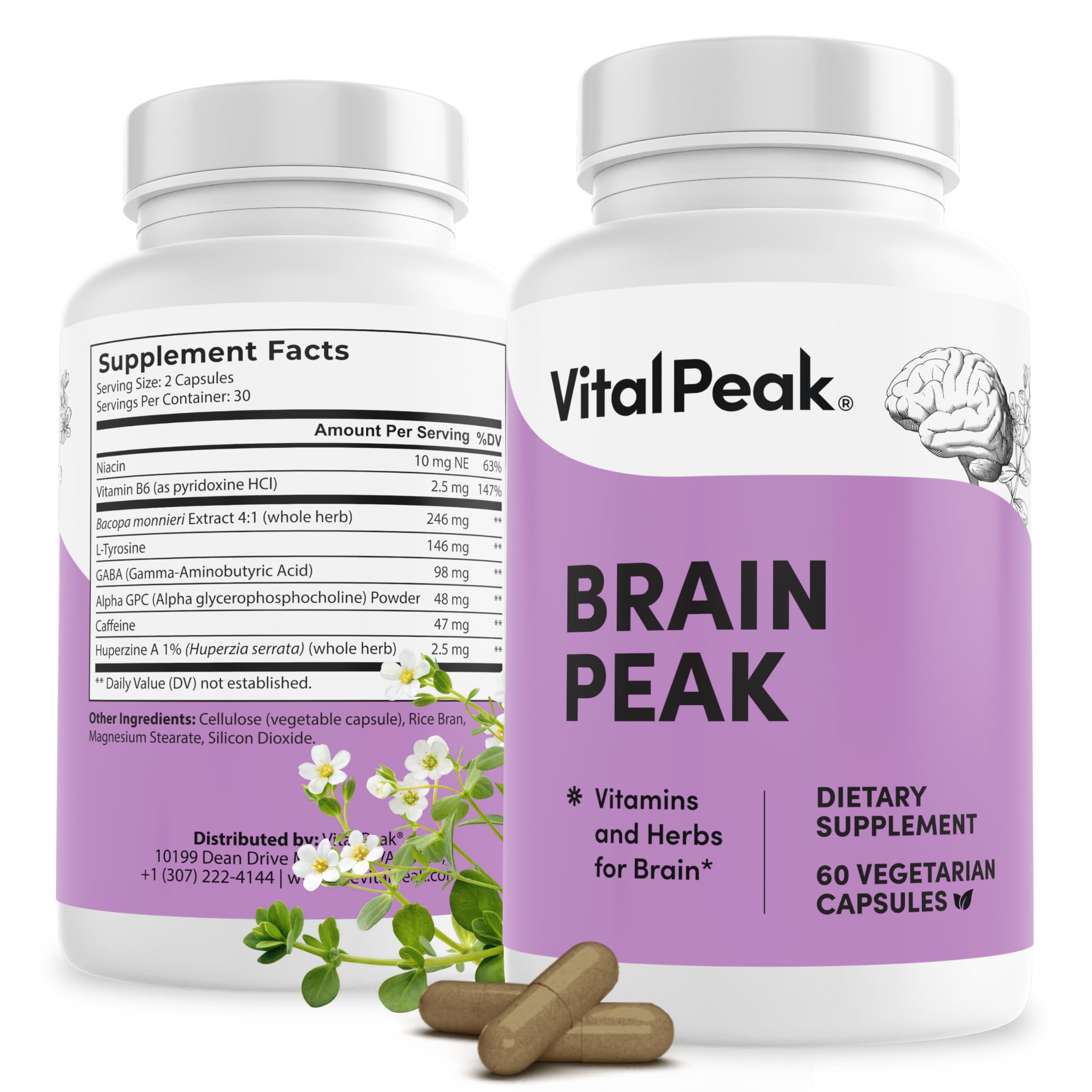 Vital Peak Brain Peak, botella de cápsulas para enfoque diario.