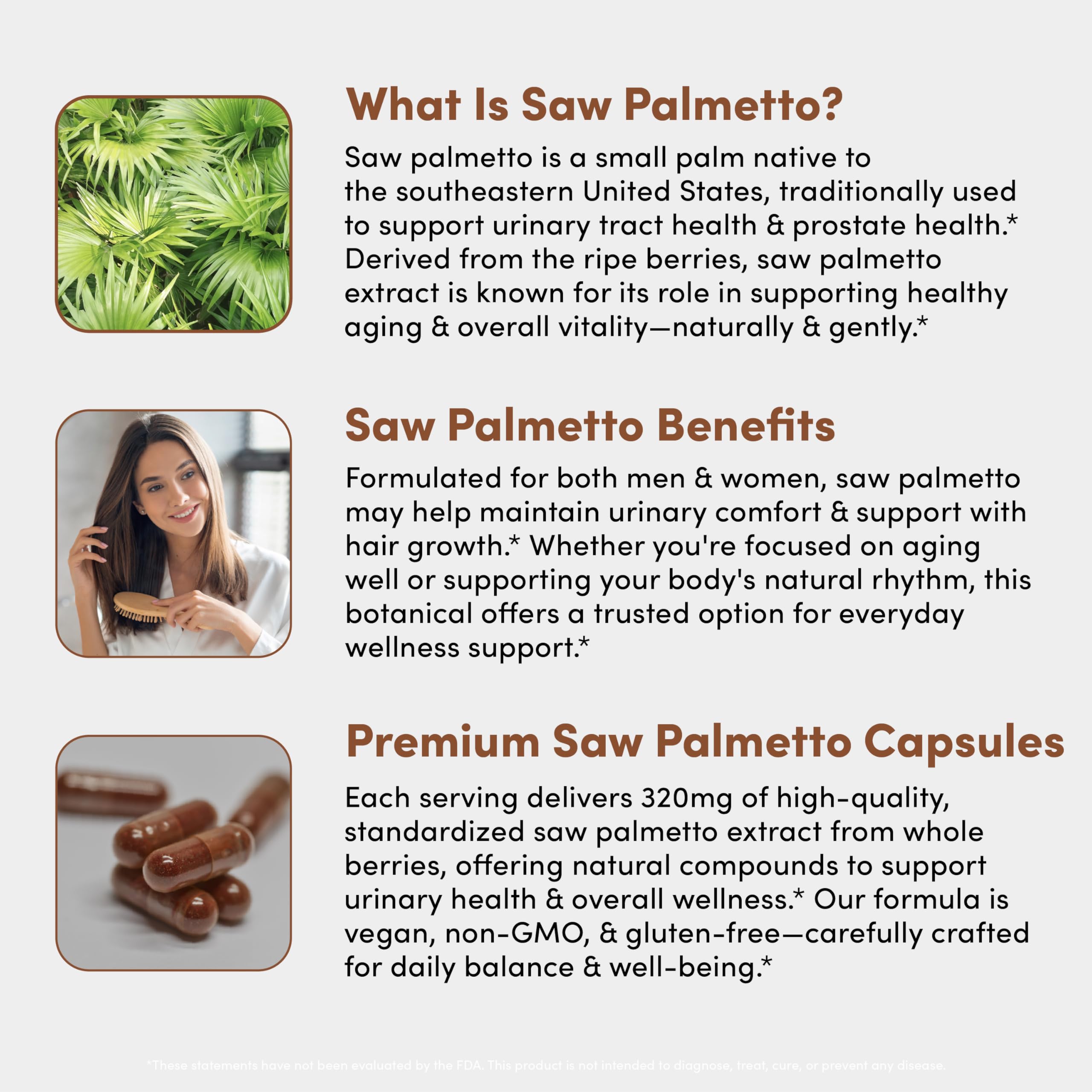 Etiqueta de composición de Vital Peak Saw Palmetto, contiene 320 mg por cápsula.