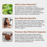 Etiqueta de composición de Vital Peak Saw Palmetto, contiene 320 mg por cápsula.