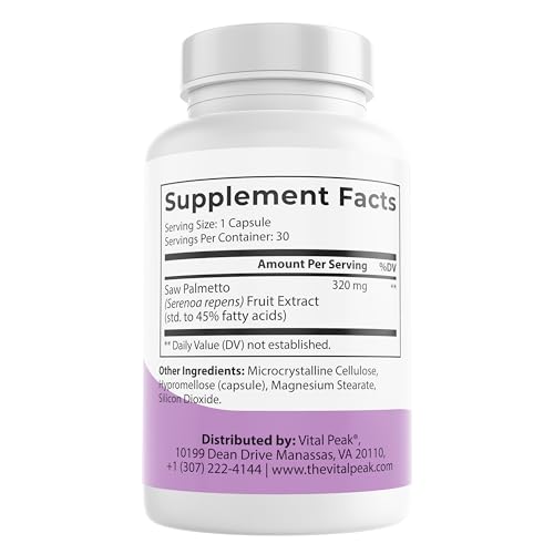 Etiqueta de Vital Peak Saw Palmetto con información de consumo seguro.