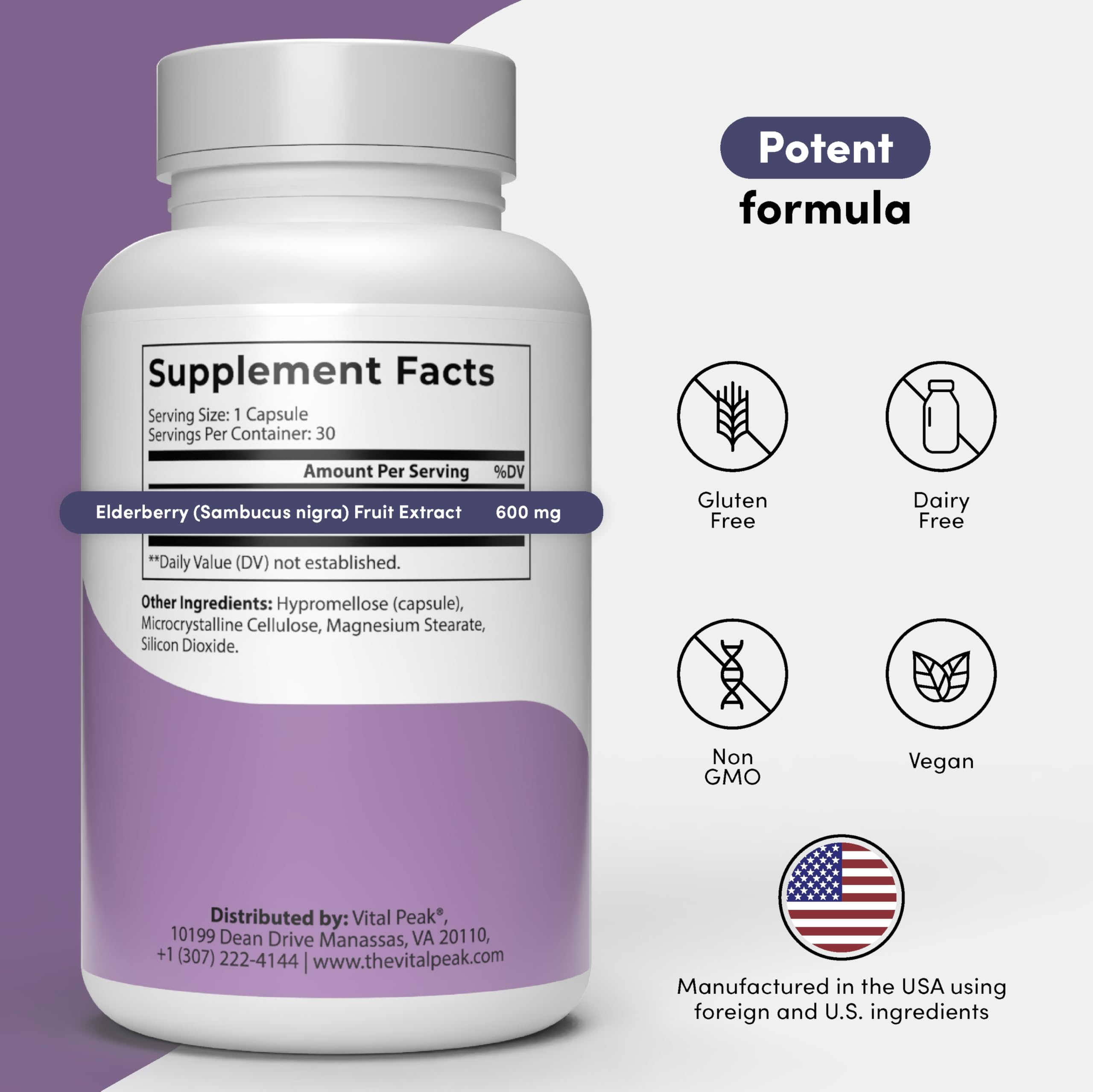 Vital Peak Pico de Saúco 600 mg, extracto de saúco negro para antioxidantes.