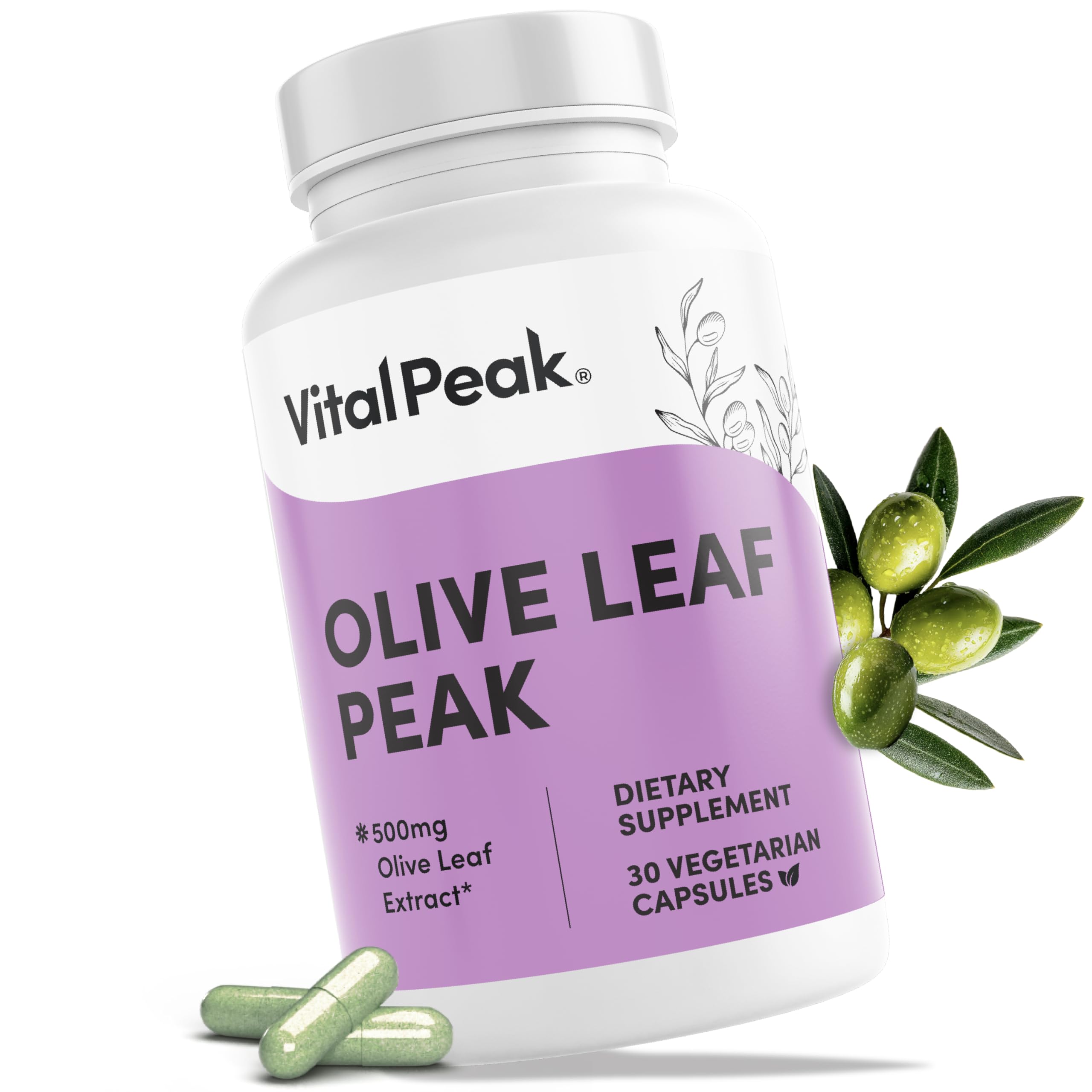 Vital Peak frasco de cápsulas con hoja de olivo para apoyo inmunológico diario.