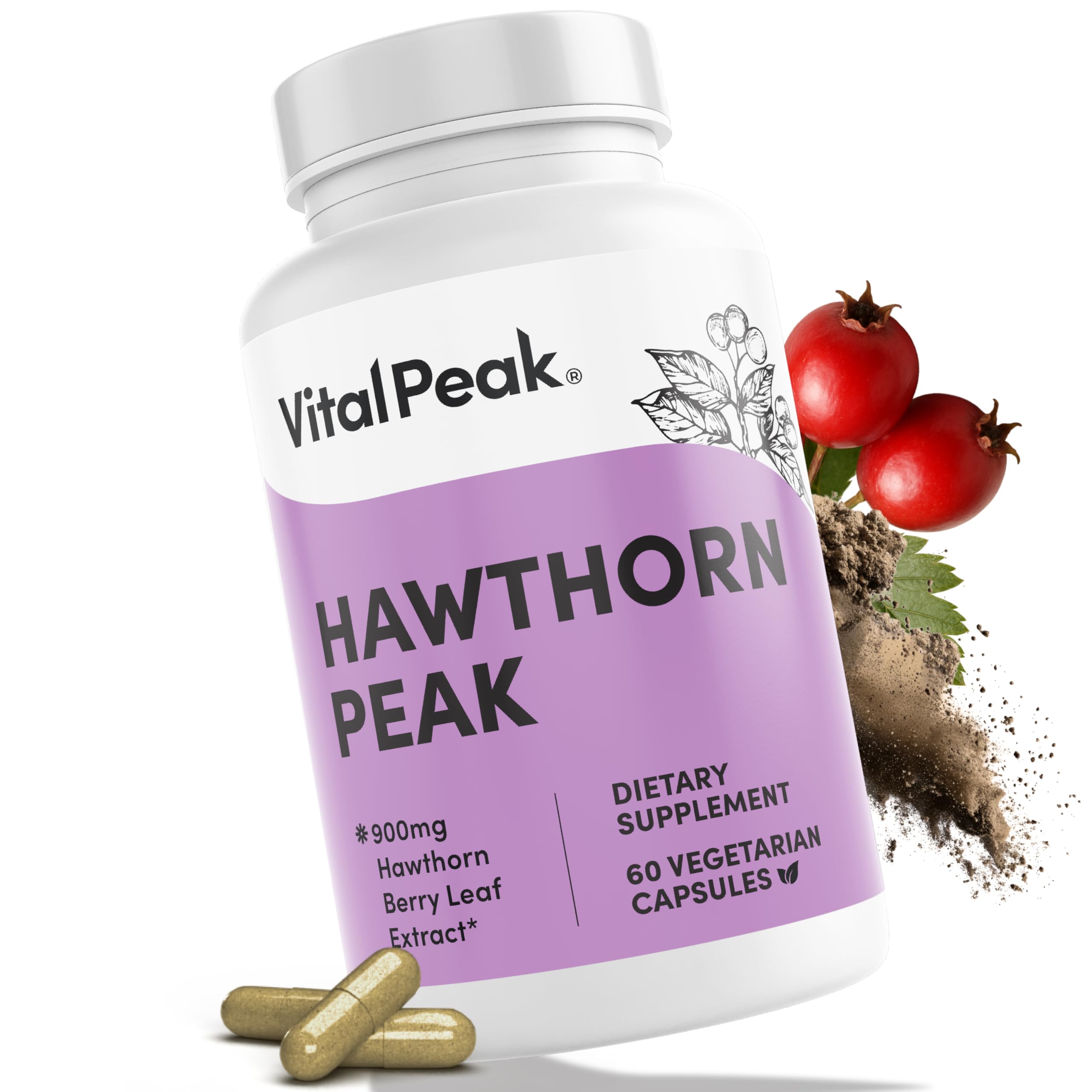 Vital Peak Hawthorn Peak 900 mg, botella frontal: apoyo potencial al bienestar cardiovascular diario