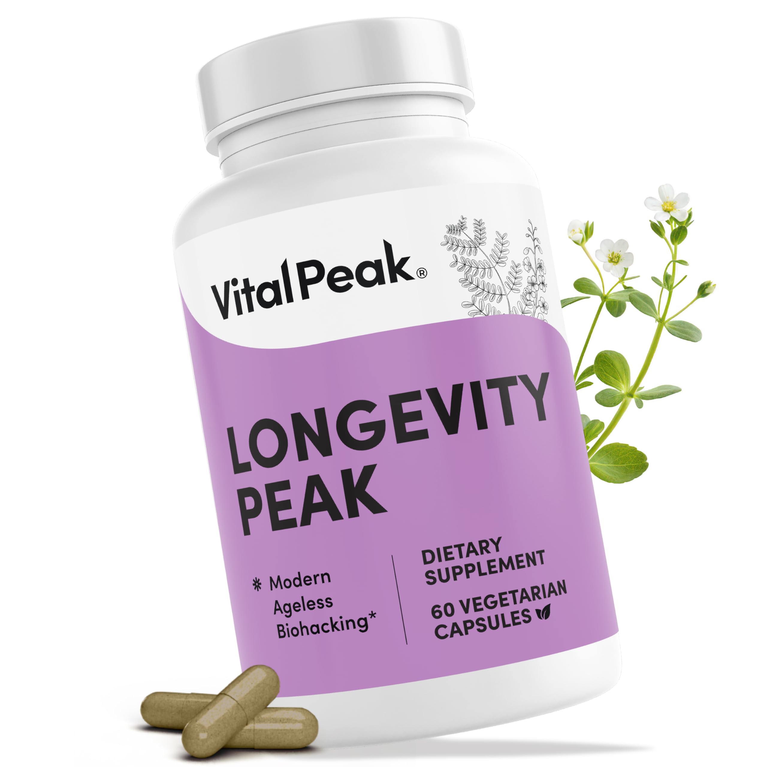Vital Peak Longevity Peak: botella del suplemento para vitalidad diaria.