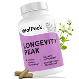 Vital Peak Longevity Peak: botella del suplemento para vitalidad diaria.