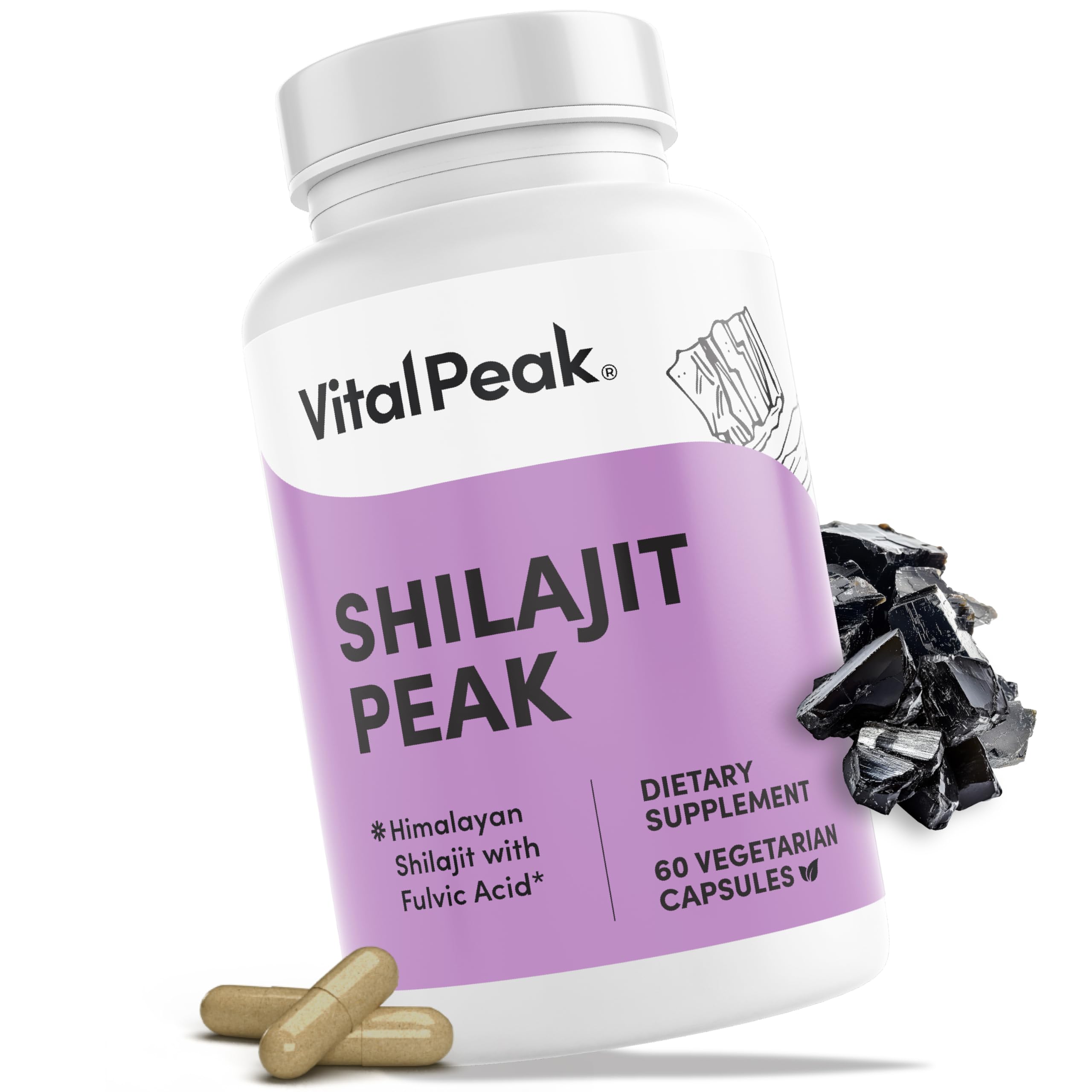 Vital Peak Shilajit: cápsulas frente para uso diario y energía sostenida.