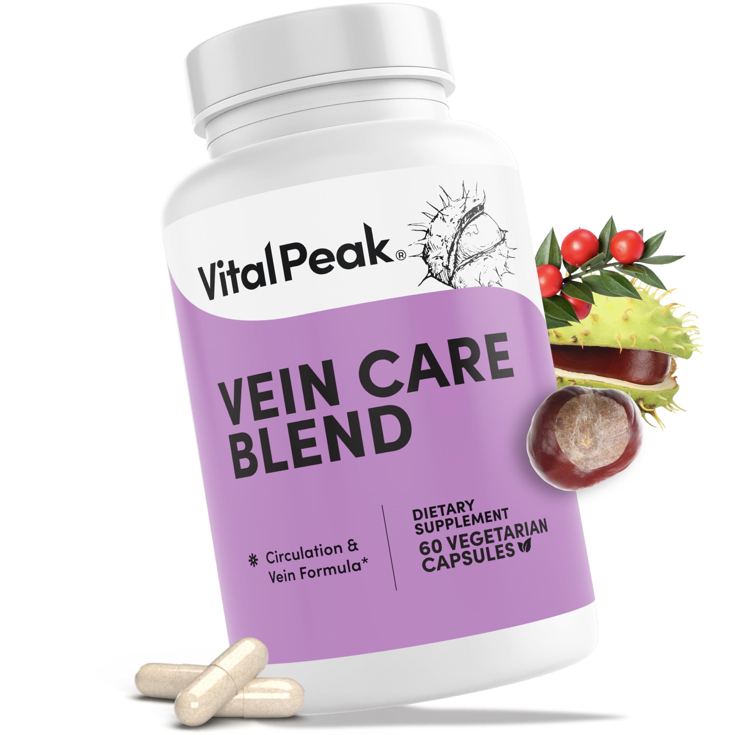 Vital Peak Vein Care: botella del producto para soporte circulatorio diario.