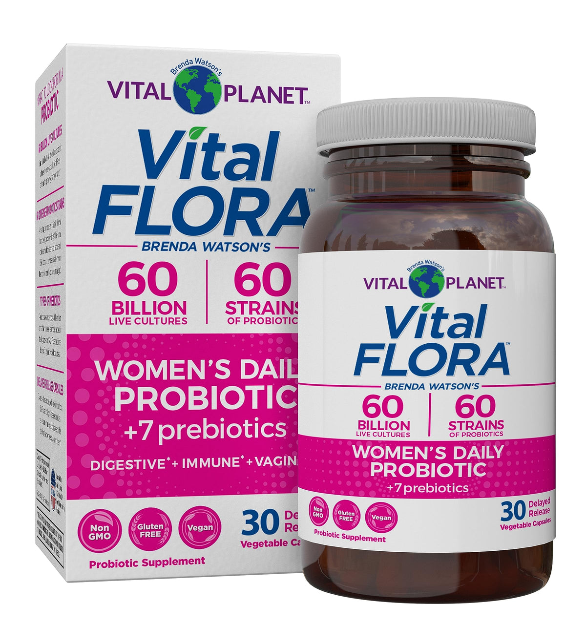 Vital Flora de Vital Planet, botella con dosis diaria para equilibrio digestivo.