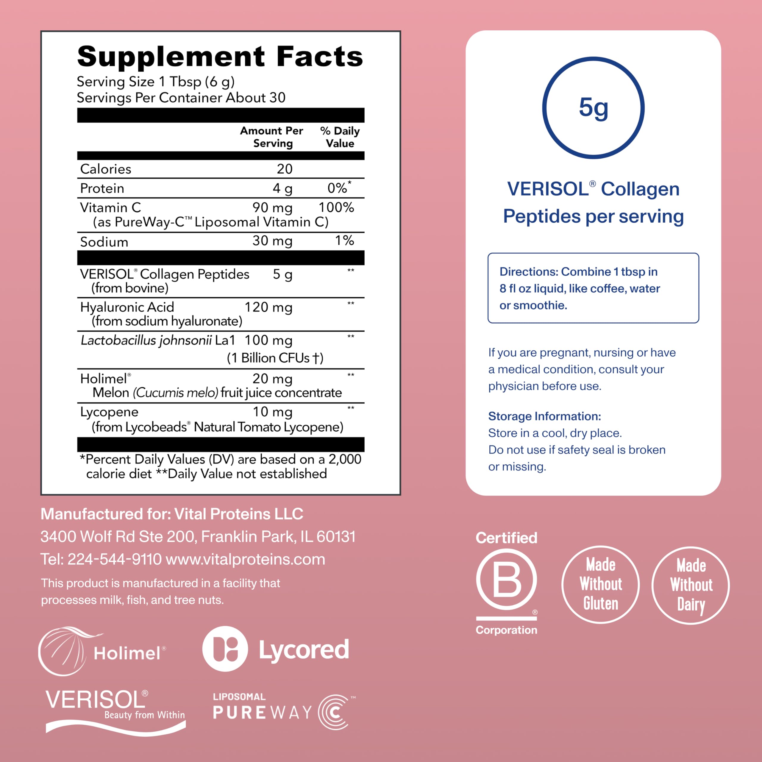 Vital Proteins Bioactive Collagen Complex, textura en polvo, listo para bebidas.