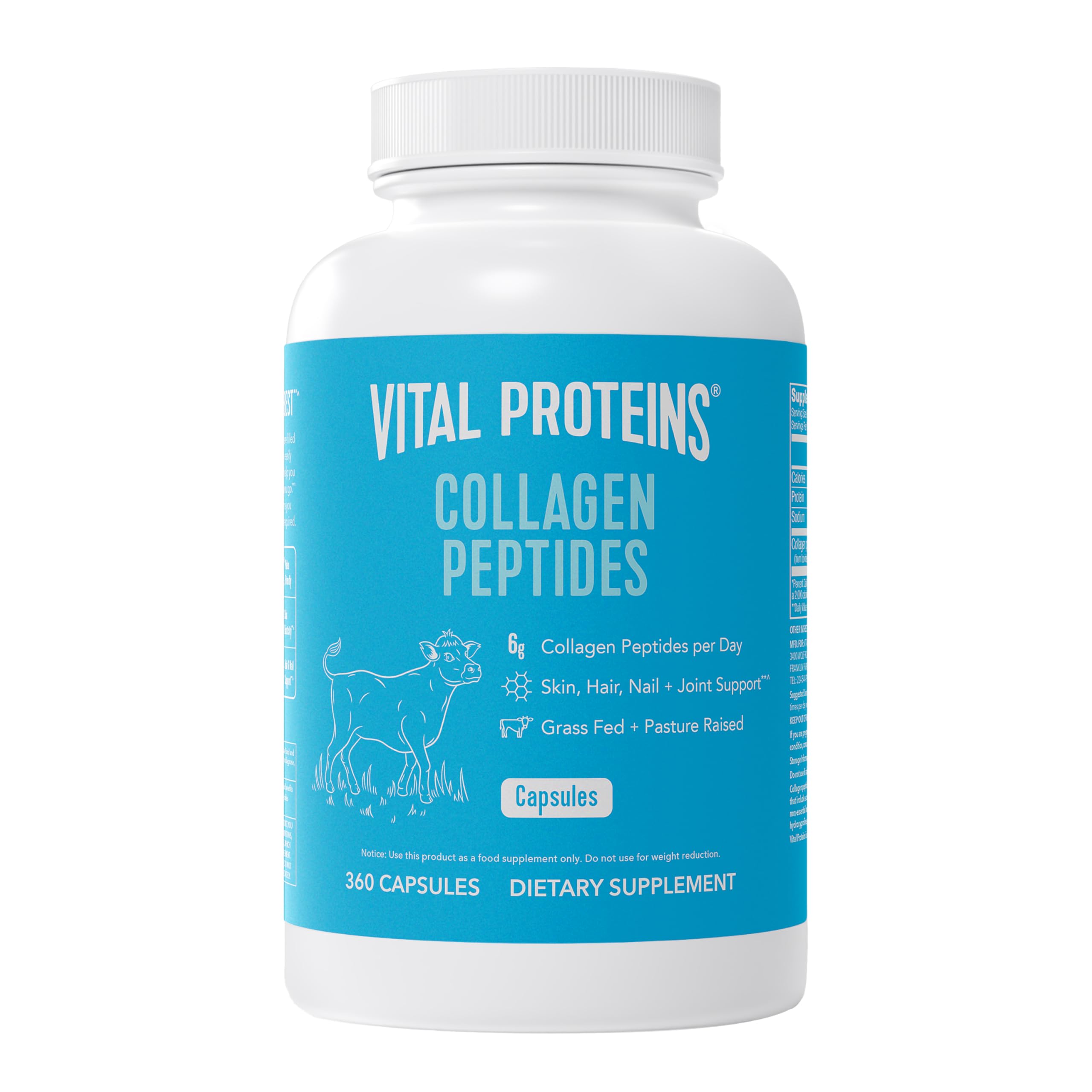 Vital Proteins cápsulas de colágeno para mujeres, botella en mesa, favorece cabello y piel saludables.