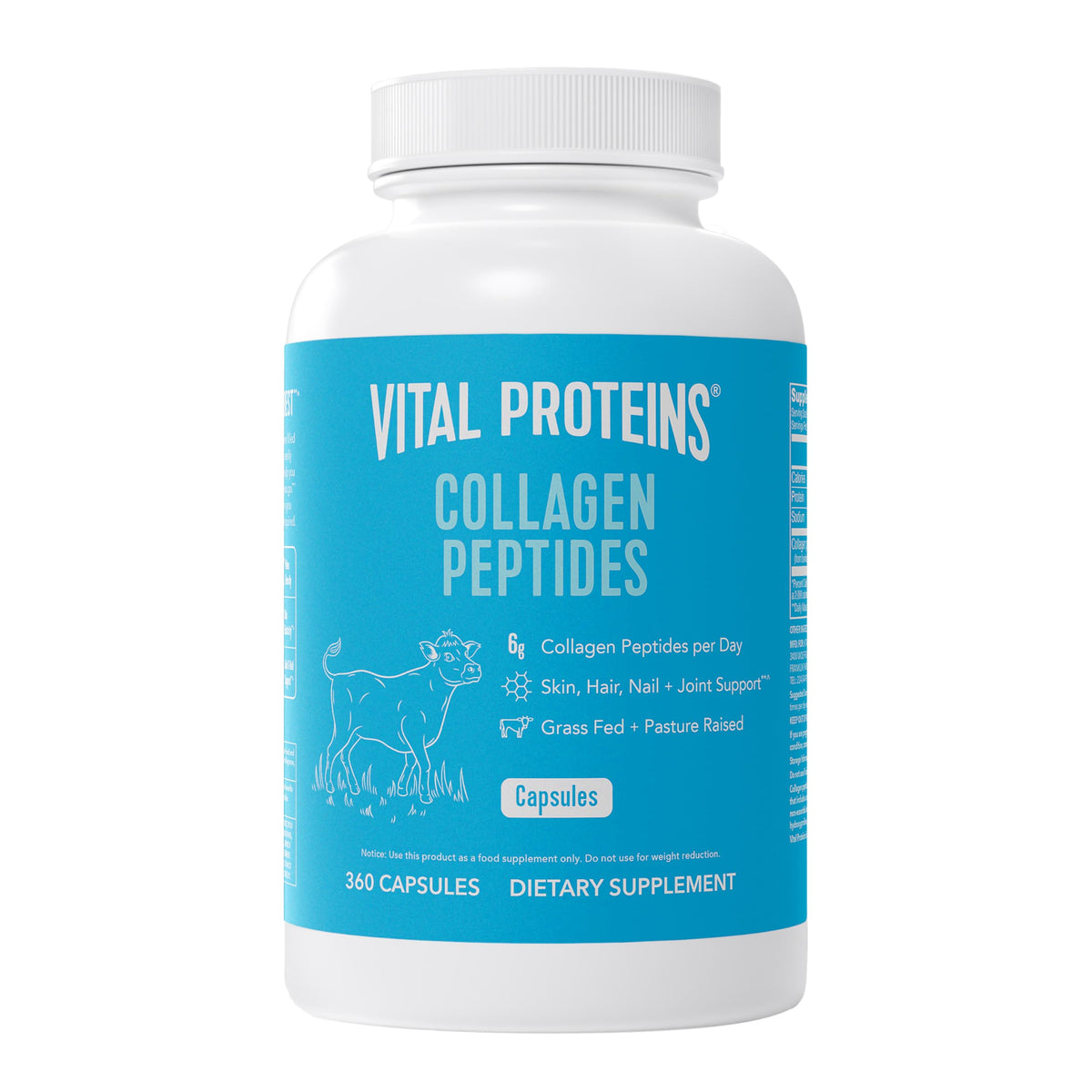 Vital Proteins cápsulas de colágeno para mujeres, botella en mesa, favorece cabello y piel saludables.