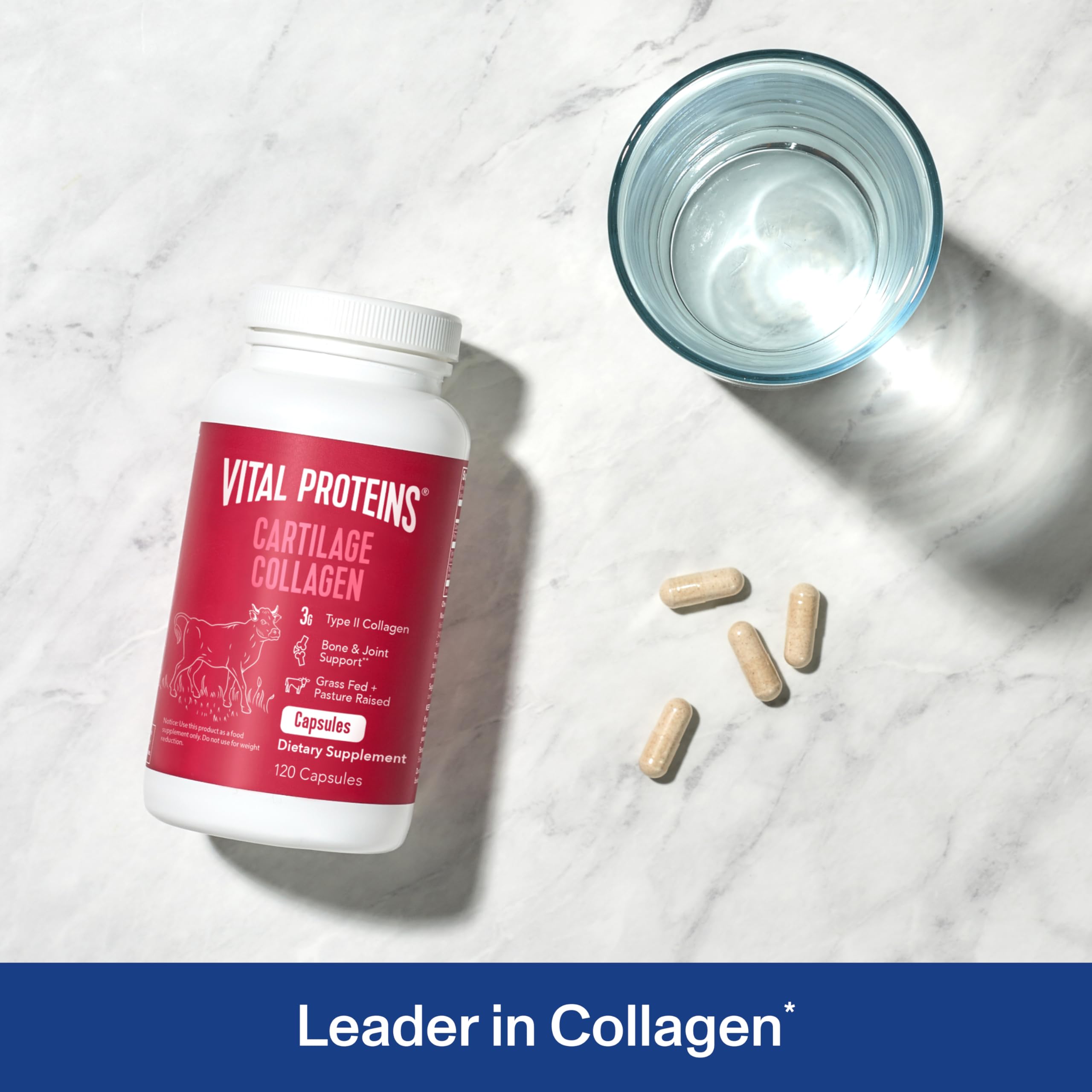 Frente del frasco de Vital Proteins Cartilage Collagen Pills para uso diario