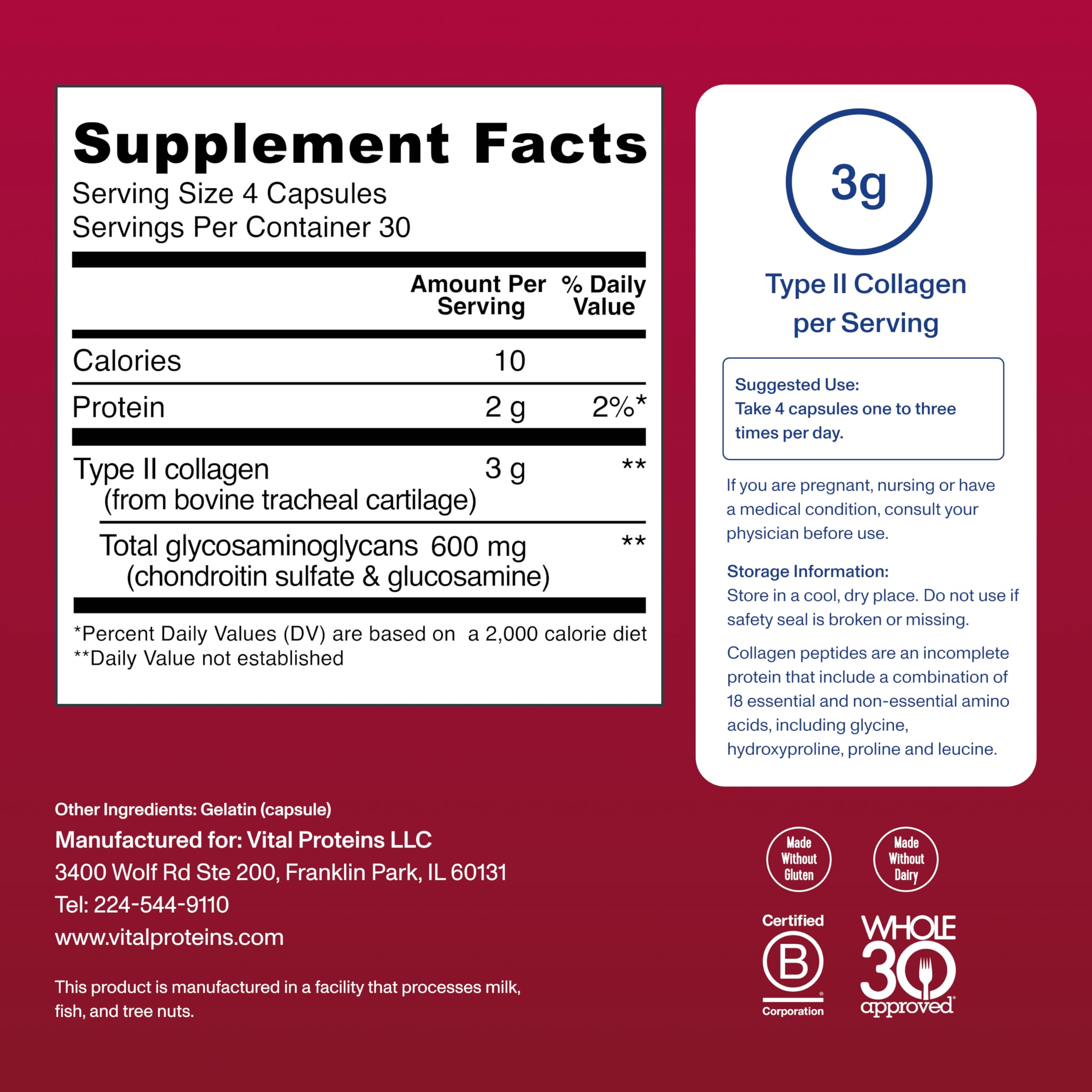 Etiqueta de Vital Proteins Cartilage Collagen Pills destaca Colágeno Tipo II y Condroitina