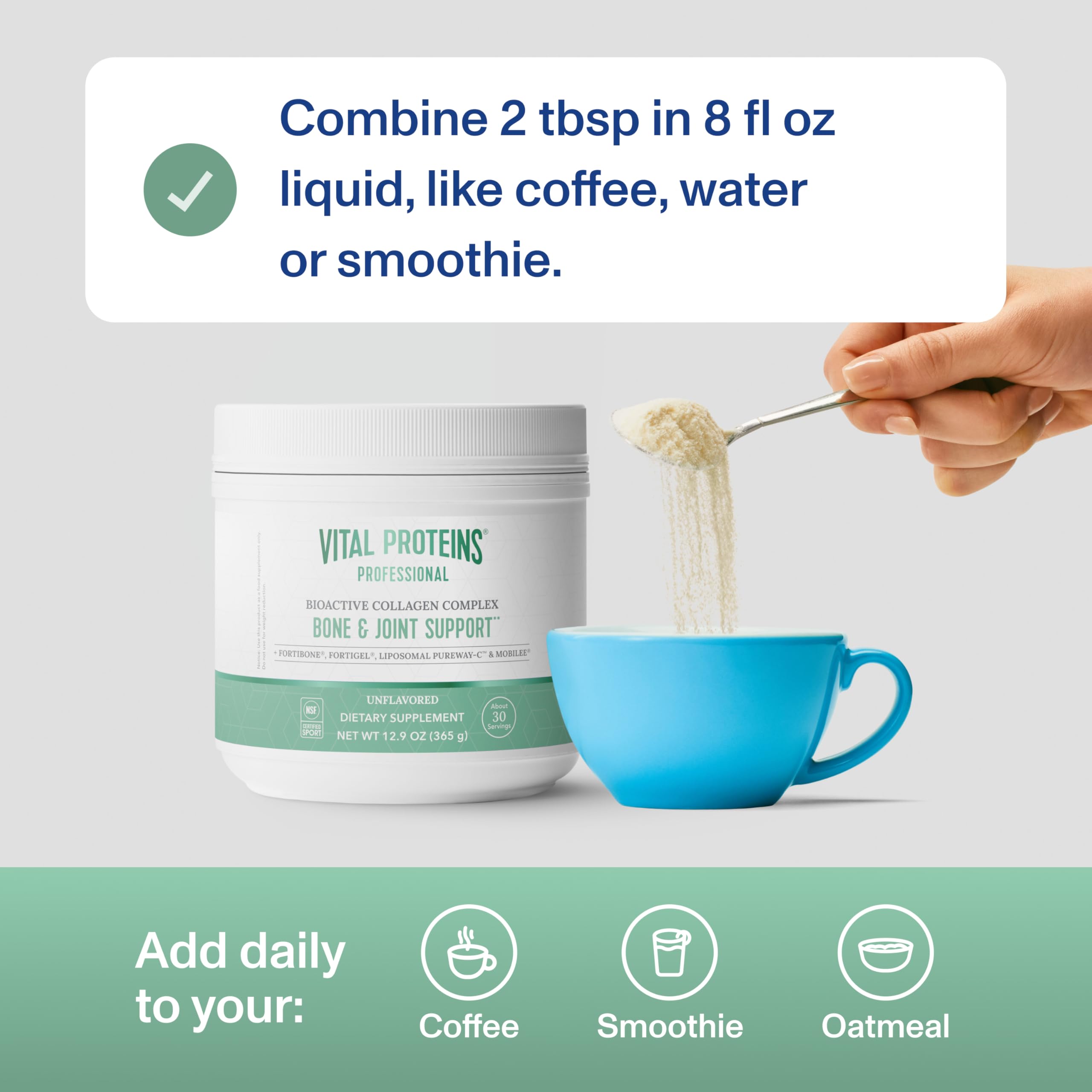Paquete de Vital Proteins Bioactivo Colágeno sobre la mesa, ideal para comenzar la rutina.