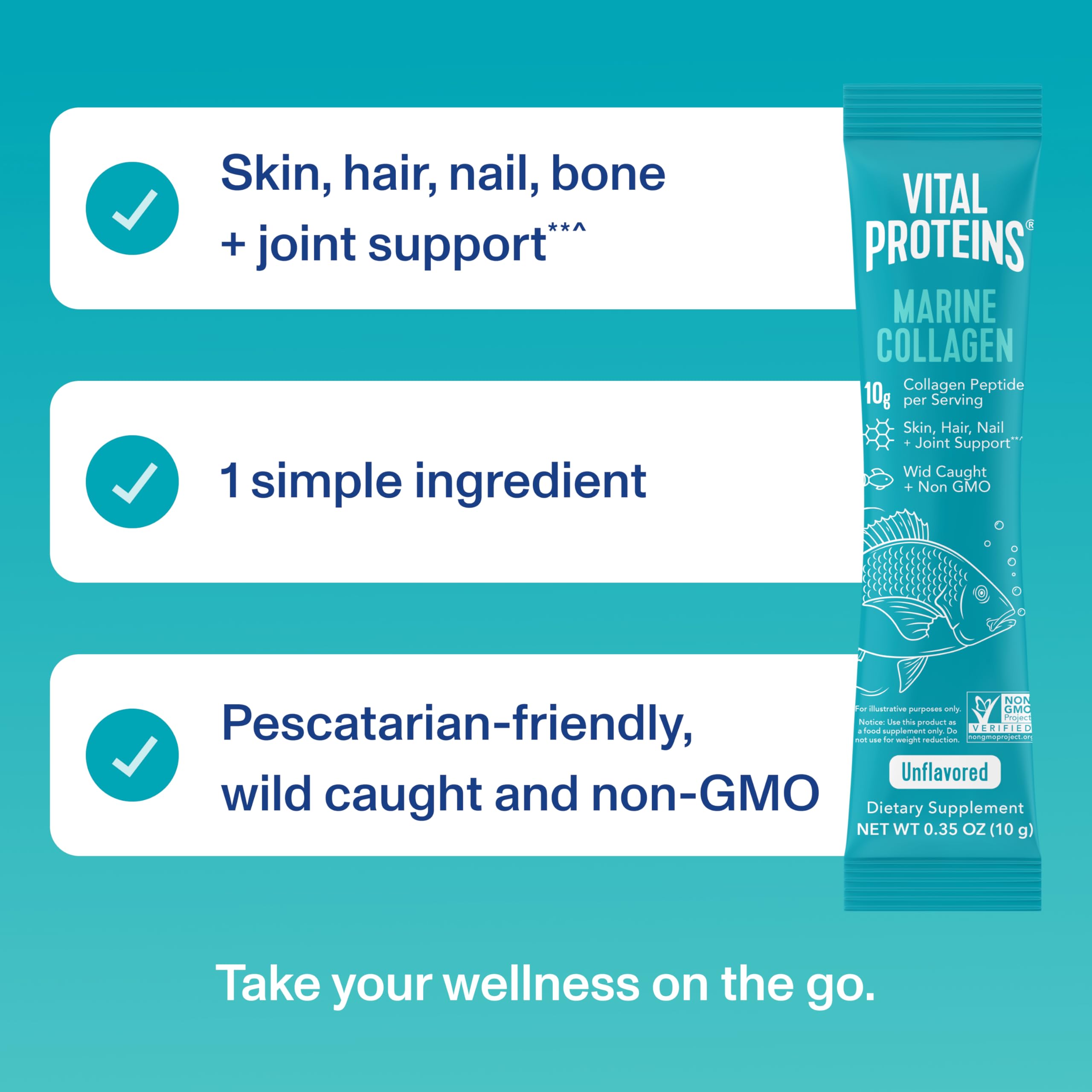 Formato viaje de Vital Proteins colágeno marino con sobres de 10 g