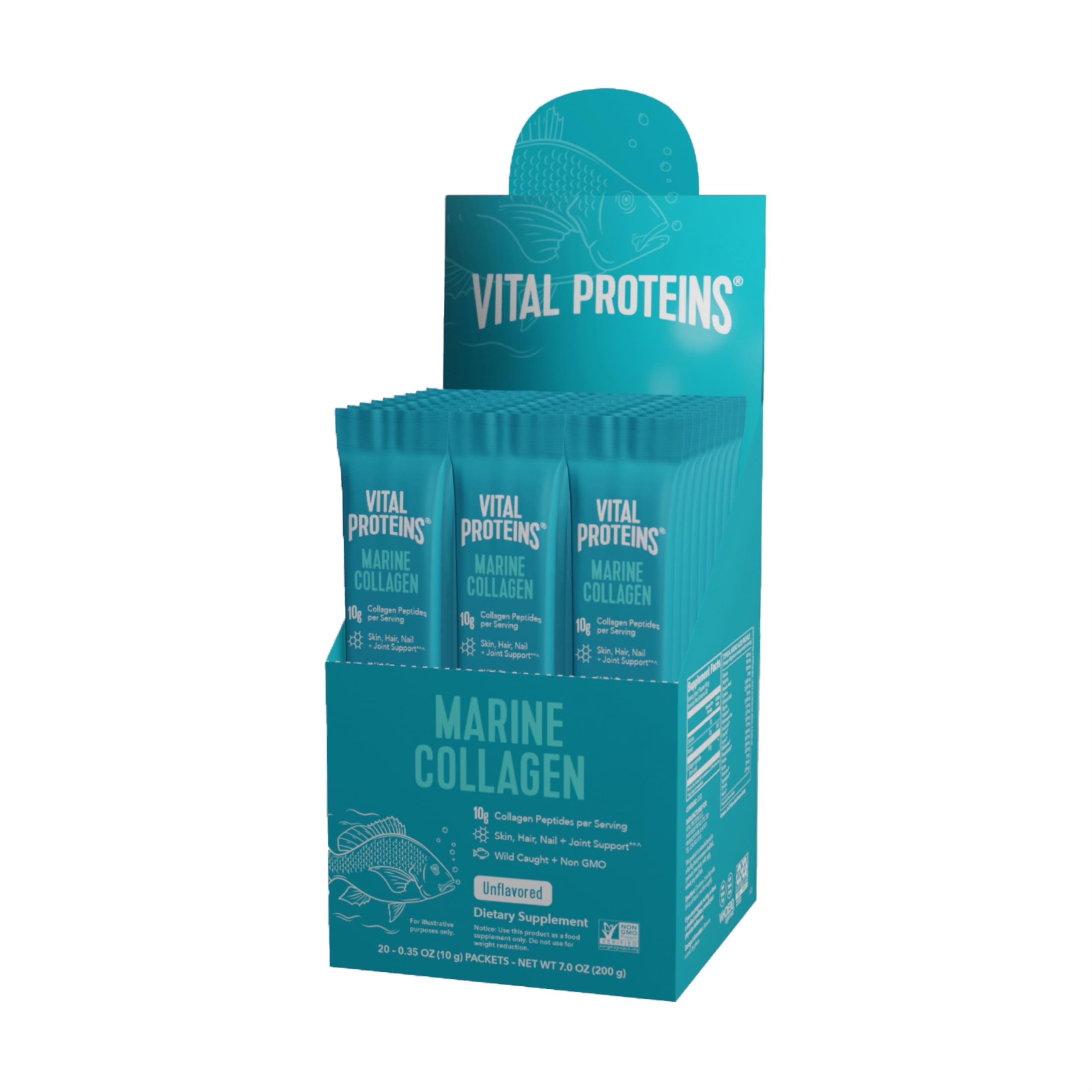 Vital Proteins colágeno marino sin sabor, caja de 20 sobres para ingesta diaria