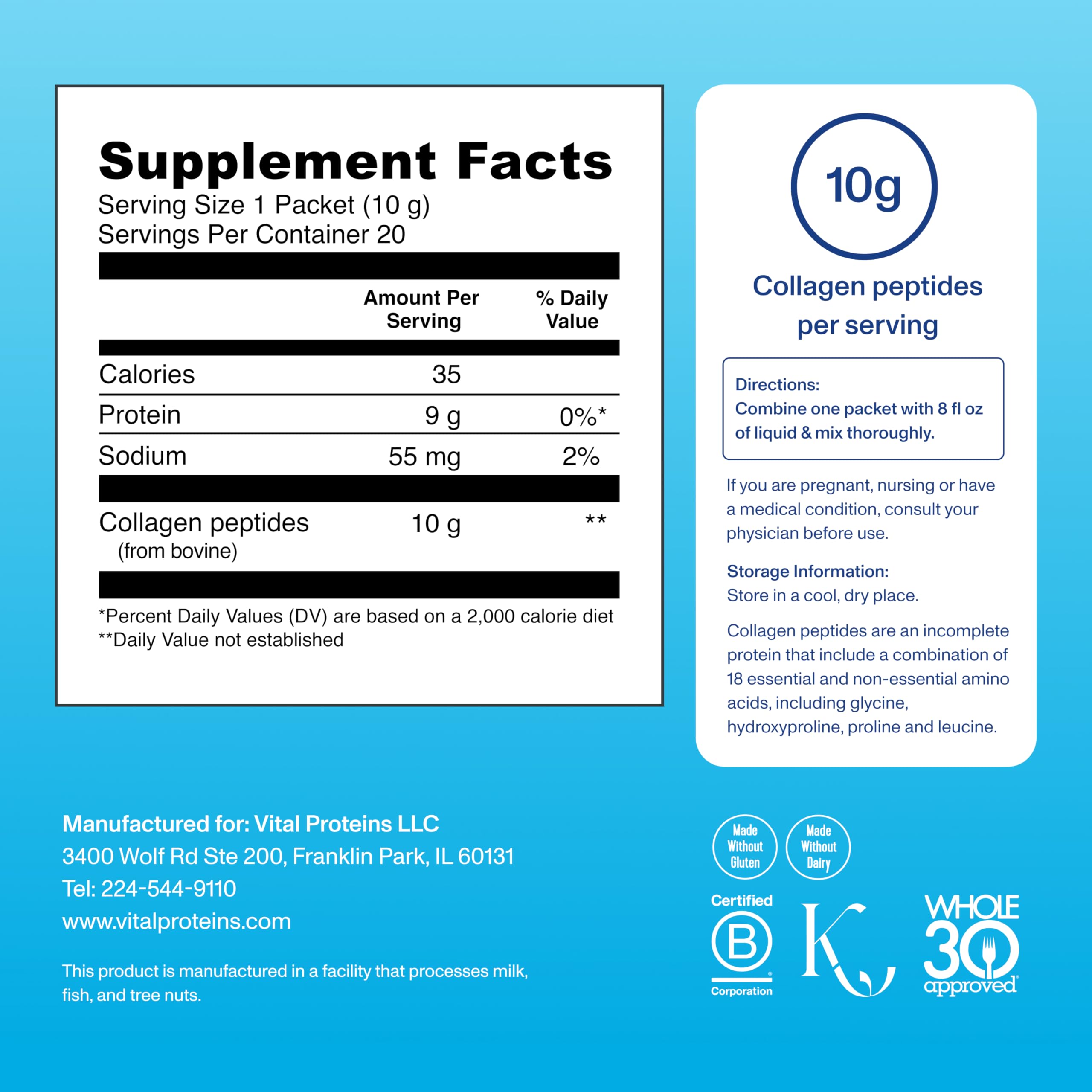 Vital Proteins Colágeno Peptidos caja de 20 sobres para uso diario.