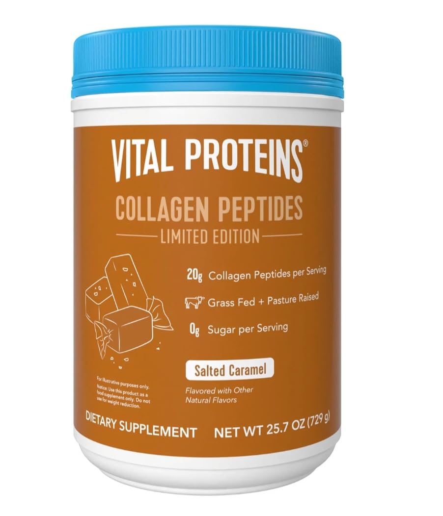 Vital Proteins colágeno en polvo con sabor caramelo salado en taza para mezclar