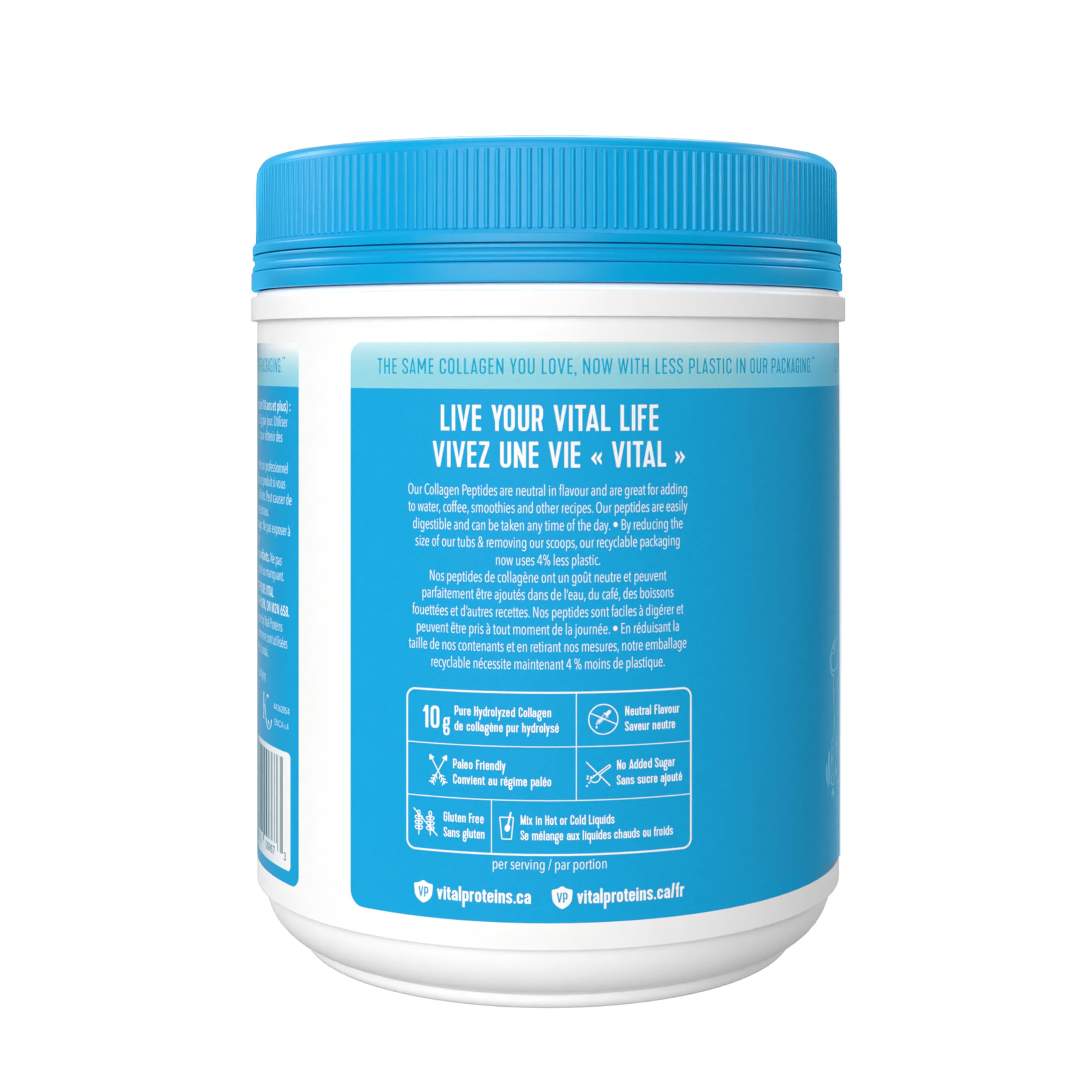 Vital Proteins colágeno sin sabor, vertiendo polvo en vaso para integrar en la rutina.