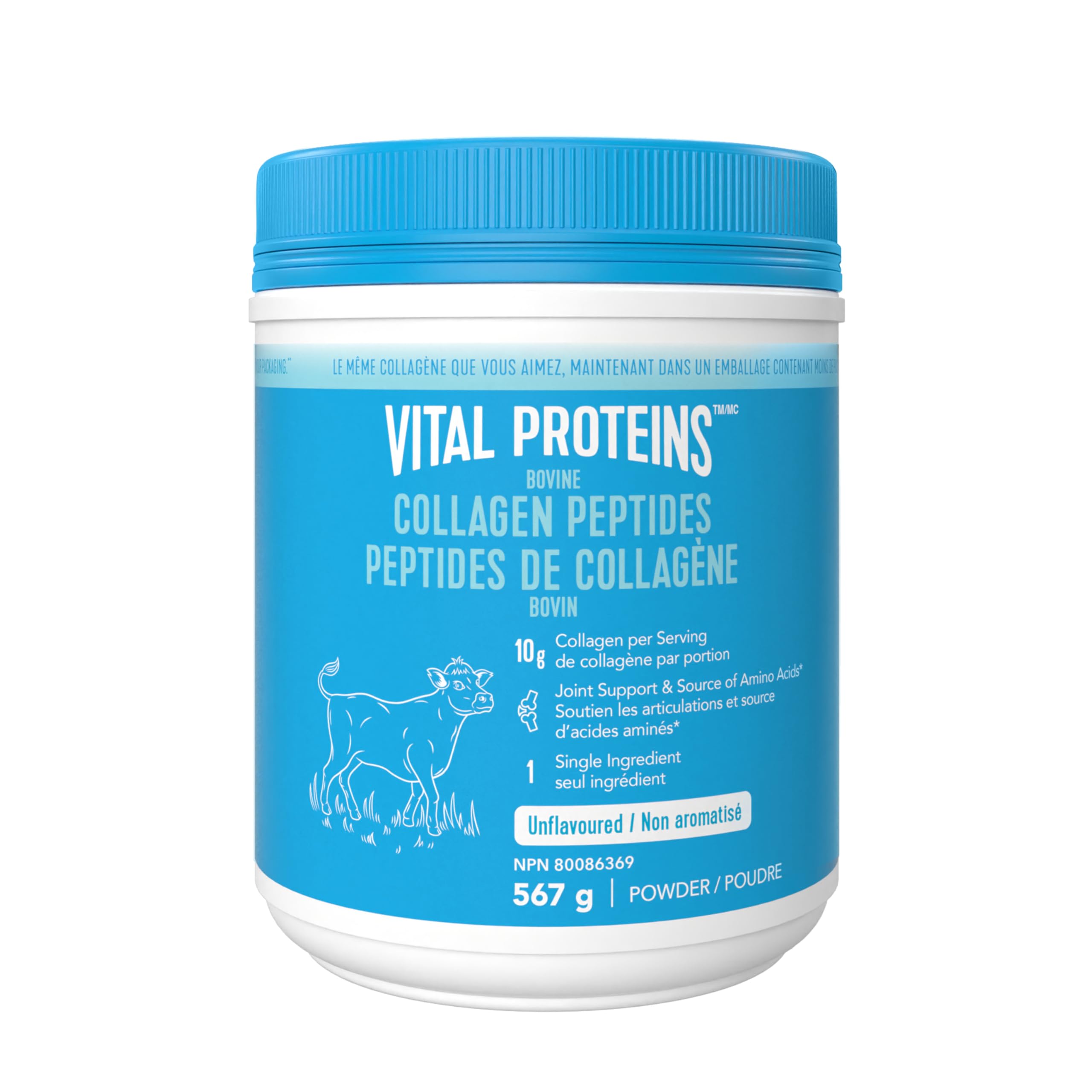Vital Proteins péptidos de colágeno sin sabor, envase frontal, fácil de incorporar en batidos.