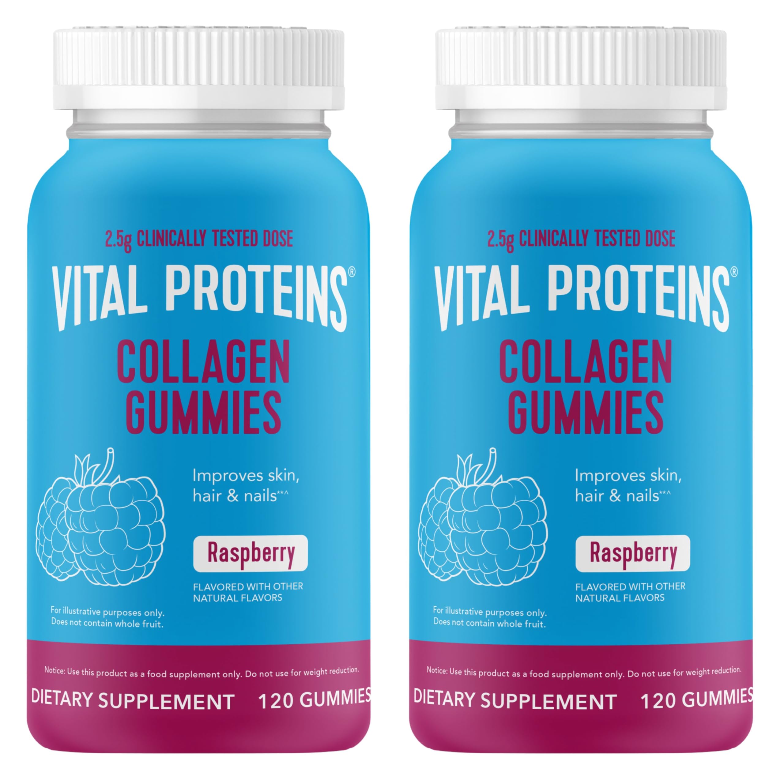 Vital Proteins gominolas de colágeno frambuesa, frasco visible, apoyo para cabello y uñas.