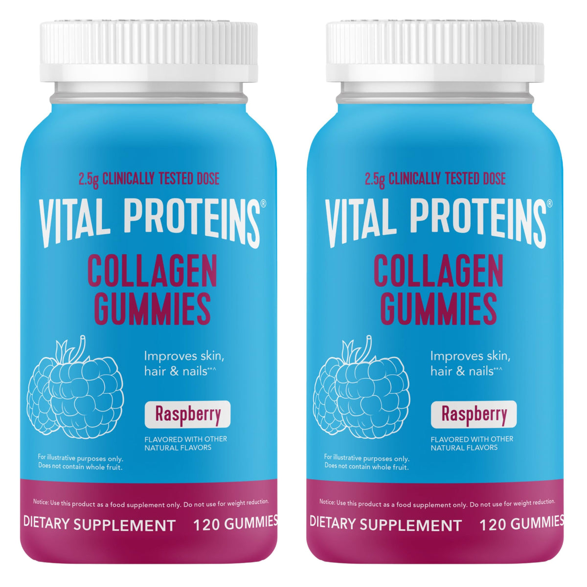 Vital Proteins gominolas de colágeno frambuesa, frasco visible, apoyo para cabello y uñas.