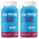Vital Proteins gominolas de colágeno frambuesa, frasco visible, apoyo para cabello y uñas.