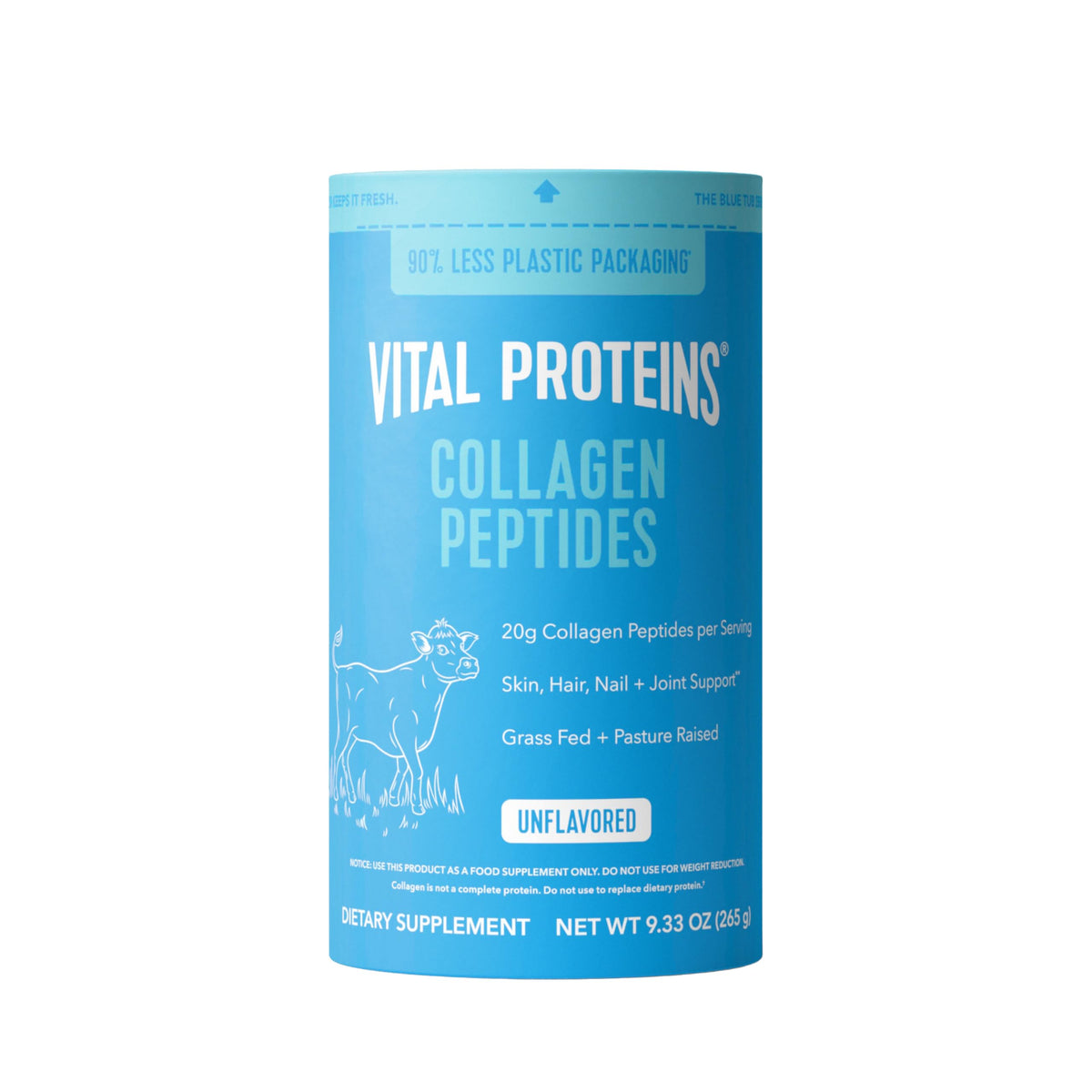 Vital Proteins Collagen Peptides: bote de 9,33 onzas con etiqueta, fácil de incorporar a la rutina diaria.