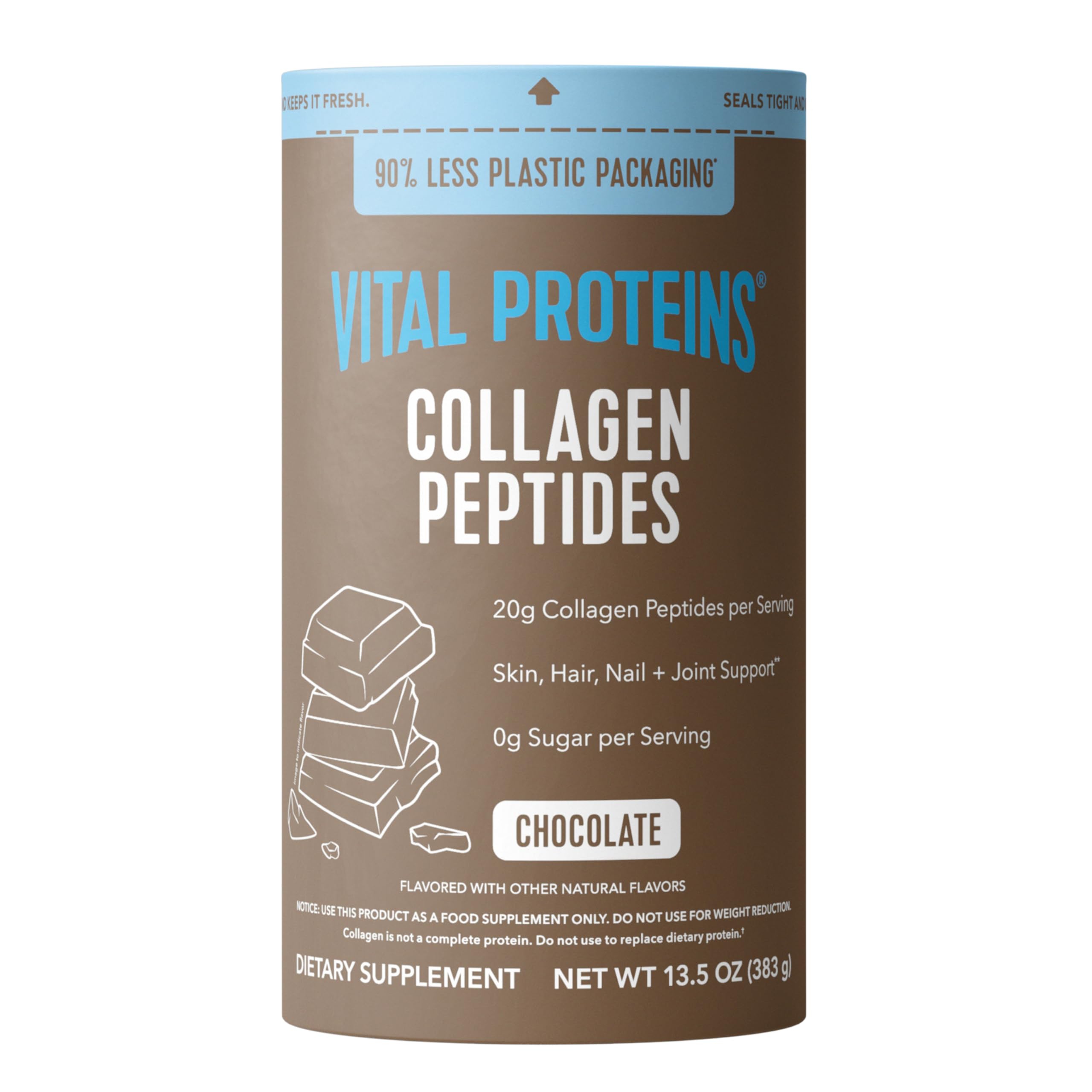Vital Proteins Collagen Peptides Chocolate frasco muestra sabor chocolate para rutina diaria saludable