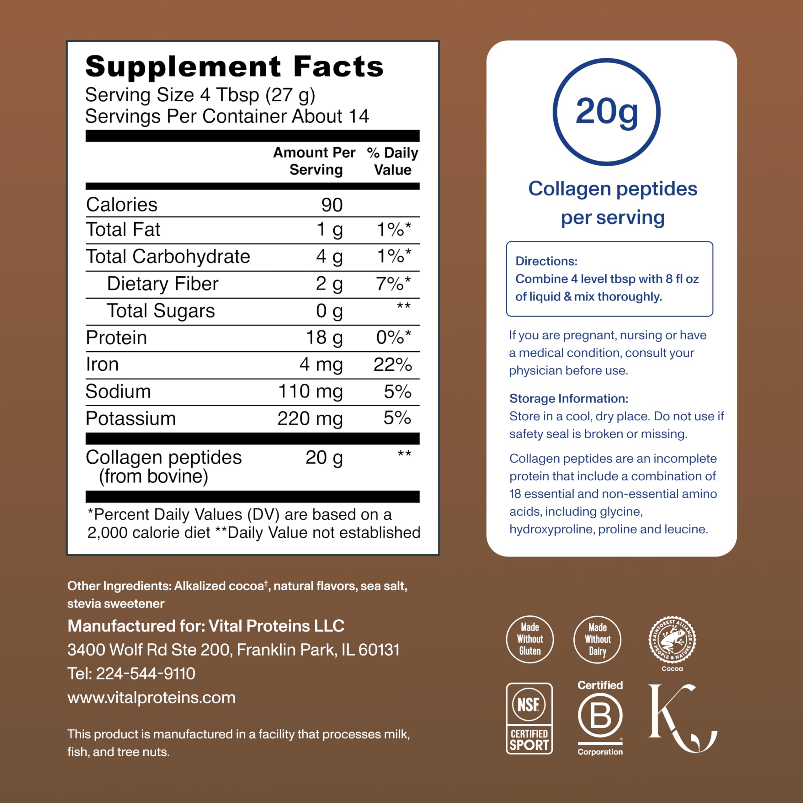 Vital Proteins Collagen Peptides Chocolate mezcla cremosa brinda experiencia suave al beber