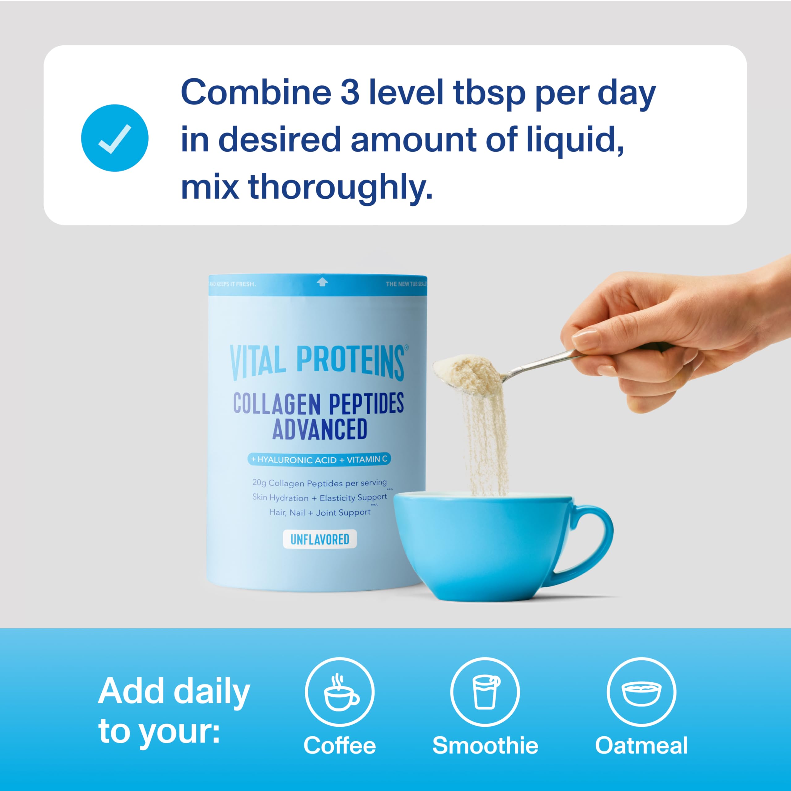 Vital Proteins Collagen Peptides Avanzados, envase de 20 onzas para uso diario.