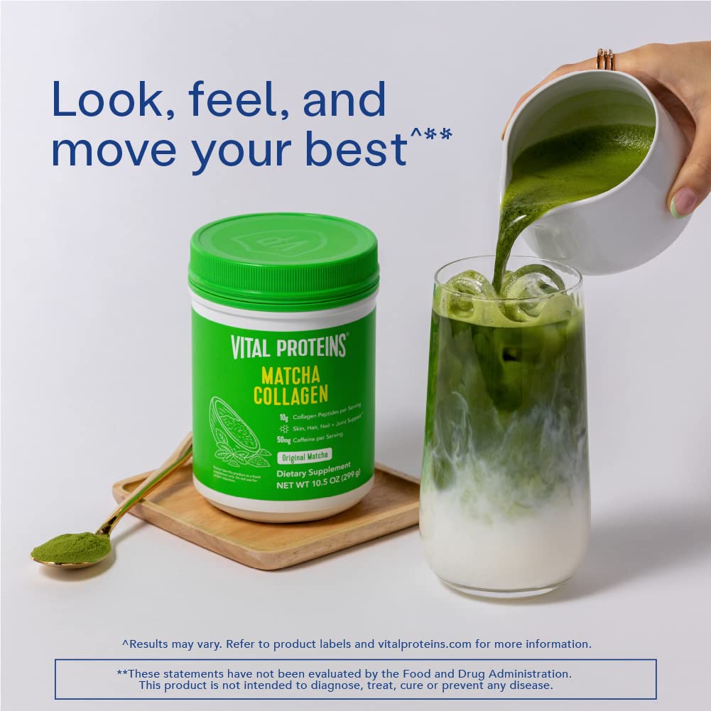 Vital Proteins Matcha Collagen uso diario, versátil en smoothies y bebidas.