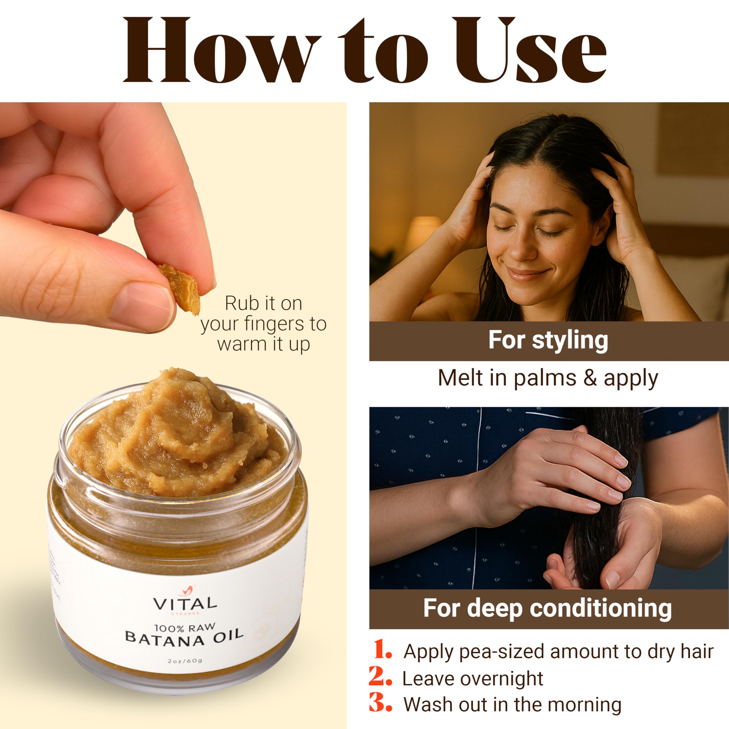Vital Strands Batana: uso nocturno para nutrición y suavidad.