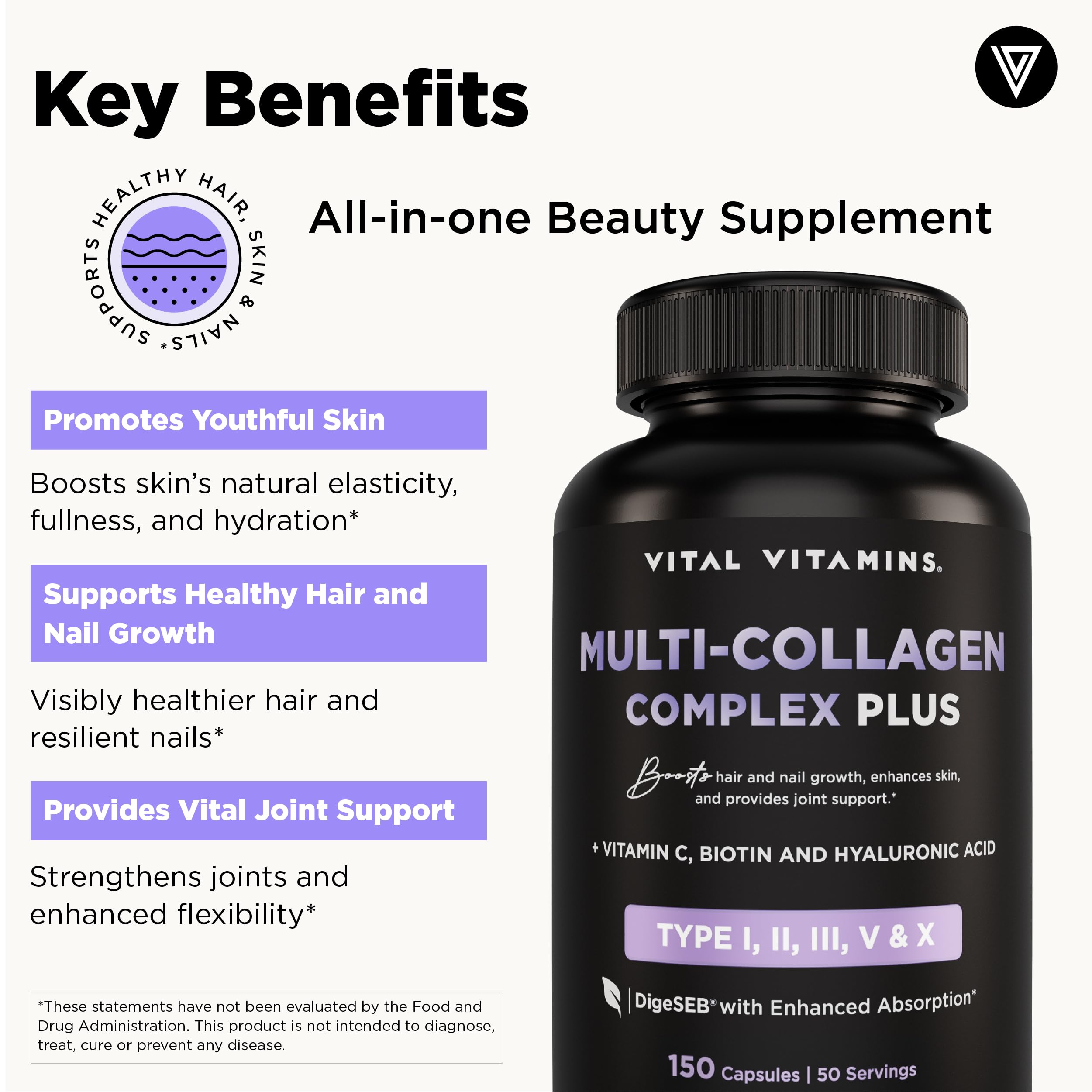 Vital Vitamins ácido hialurónico, ingrediente para hidratación facial.