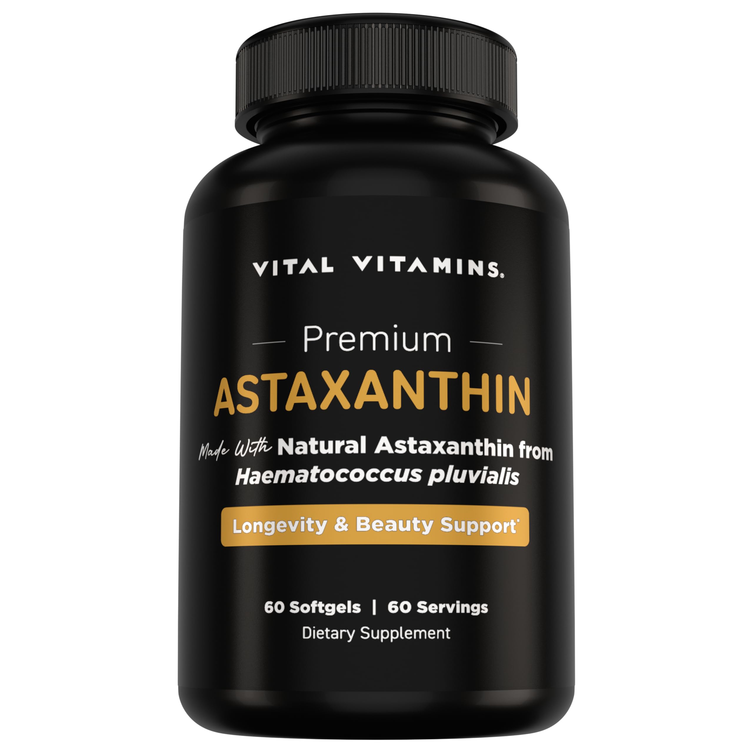 Vital Vitamins Astaxantina 12mg, botella: apoyo diario a la hidratación y elasticidad de la piel.